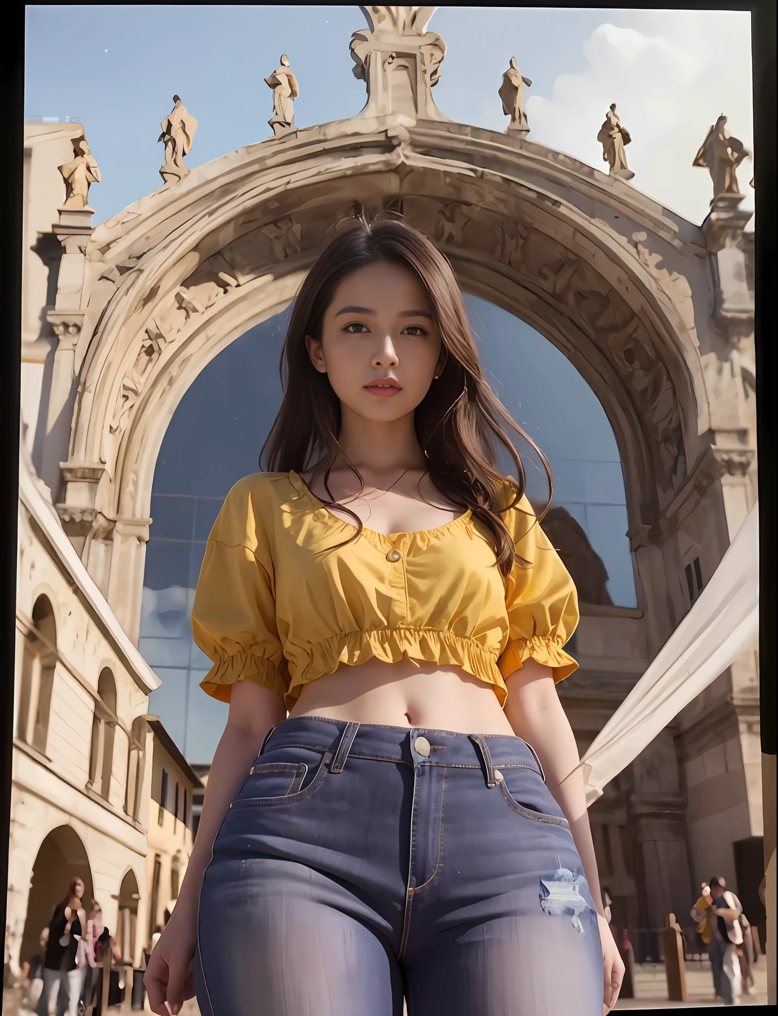 (((colourful atmosphere))),a hyper realistic ultra detailed photograph of a beautiful girl as a female on Piazza dei Miracoli,navel,((Piazza dei Miracoli background)),gold,crowd,jeans,blouse,detailed symmetric beautiful hazel eyes, detailed gorgeous face, polaroid style vintage photograph, trending on cg society, bauhaus, bulgari,  official valentino editorial, moonlight, medium symmetry, neoprene, behance contest winner, portrait featured on unsplash, stylized digital art, smooth, ultra high definition, 8k, unreal engine 5, ultra sharp focus, award-winning photograph, Canon EOS 5D Mark IV DSLR, f/8, ISO 100, 1/250 second, TanvirTamim, trending on artstation, by artgerm, h. r. giger and beksinski, highly detailed, vibrant