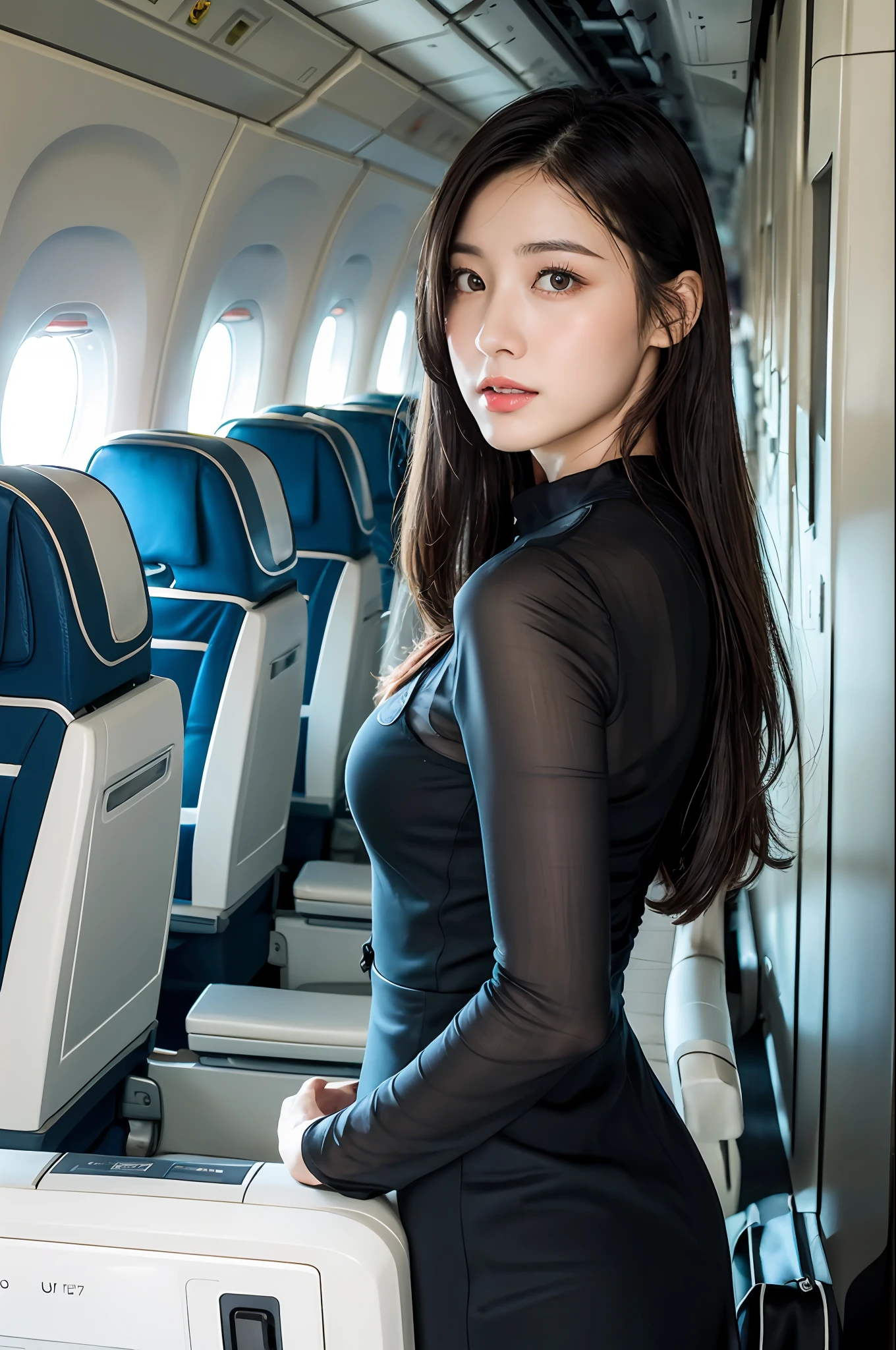 best quality, masterpiece, 8k, ultra high res, (photorealistic:1.4), highly detailed, intricate detail, delicate and beautiful, good lighting, professional lighting, sharp focus, detailed shadows, exquisite details and textures, depth of field, unity 8k wallpaper, cinematic composition, cinematic lighting, official art, Cabin Crew, flight attendant, black pantyhose, (aircraft, (Aircraft Corridor), Aircraft seats) beautiful elegant face, detailed face, detailed eyes, realistic hair, long hair, (1girl), (standing:1.3),