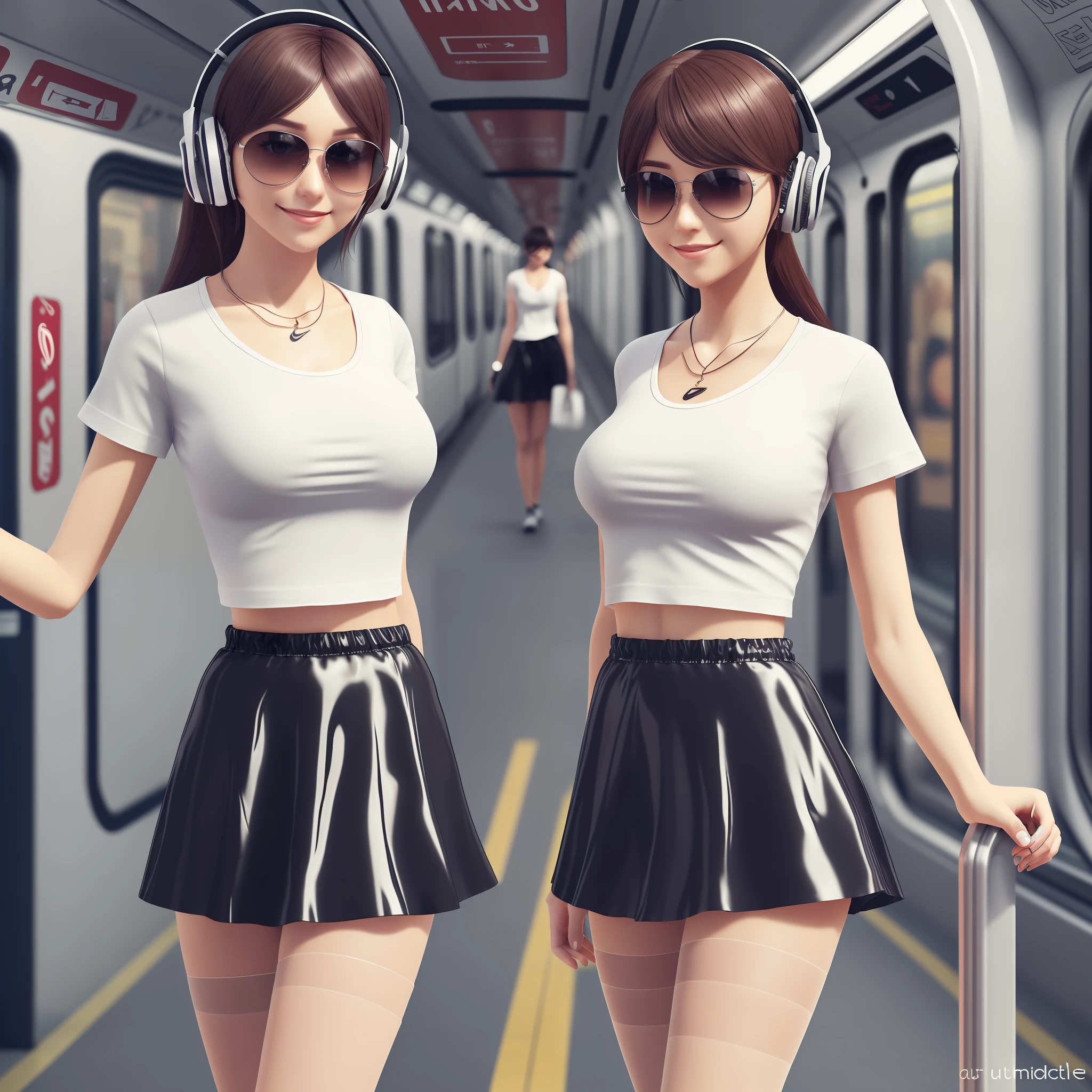 (Best Quality, 8K, Masterpiece), (A Beautiful Girl, Long Silver Hair, Hime Hairstyle, Very Straight Hair, Big Eyes: 1.4, Long Eyelashes, Delicate Makeup: 1.4, Sexy Lips, Blush), (Delicate Watches, Delicate Necklaces, Large Earrings), (Captured in the Subway Train, Riding the Subway, Standing), (Fashionable Outfit, Leopard Leather Shorts Outside, White T-shirt Inside, Nike, Black Fashion Sunglasses Hanging on Clothes), (Big Breasts, Stiff), ( Black shiny transparent pantyhose), (high-rise skirt) black silk, light ripe, royal sister, best light, best shadow, movie lighting, 28 years old, 1girl, aspectura, (real skin, supple skin) ray tracing, Unreal Engine 5, reflective skin, digital illustration, game CG characters, supermodel, (Kpop, idol), (body edge lighting, colored light source around), wind blowing hair, wearing headphones listening to songs, (looking at the camera shy smile, happy expression), (thin waist, wide hips, fitness figure, buttocks), close-up --auto