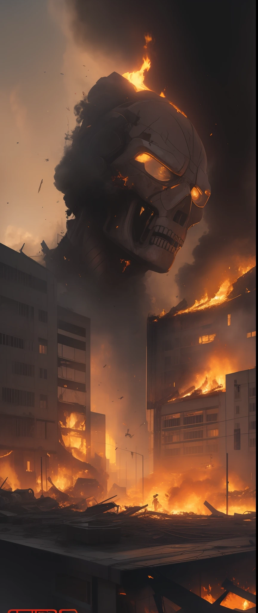 4k, poster, terminator, illustration, war of machines and people, burning equipment, destroyed buildings, smoke