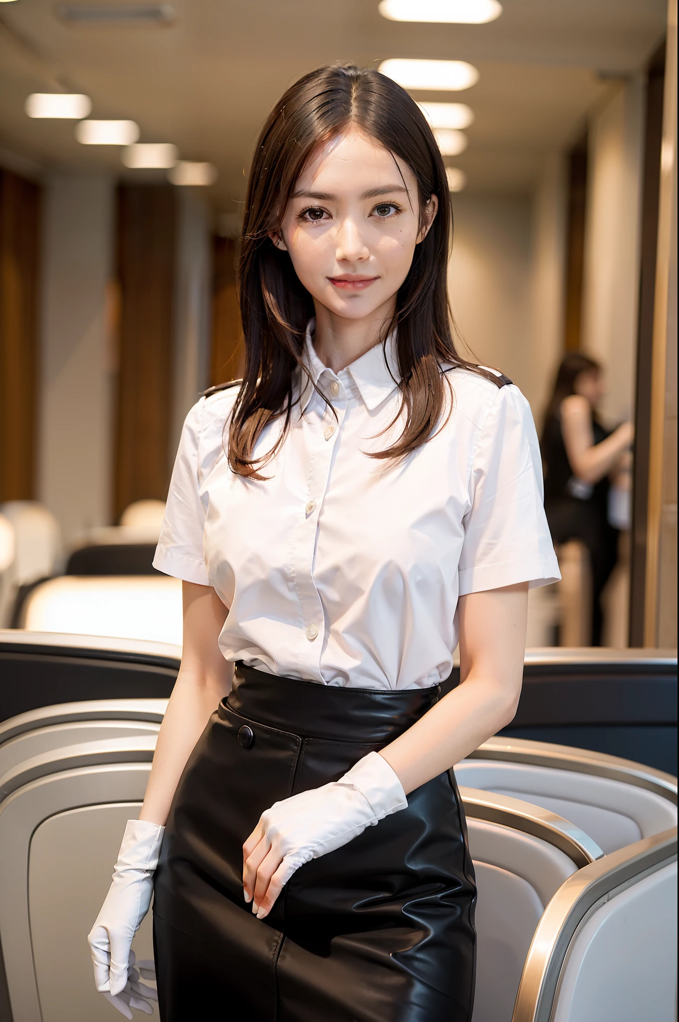 1girl,solo, light smile, (travel attendant,stewardess),gloves,pencil skirt ,
skyline, cloud,sunset, hand on own chest, looking at viewer, realistic,  long hair