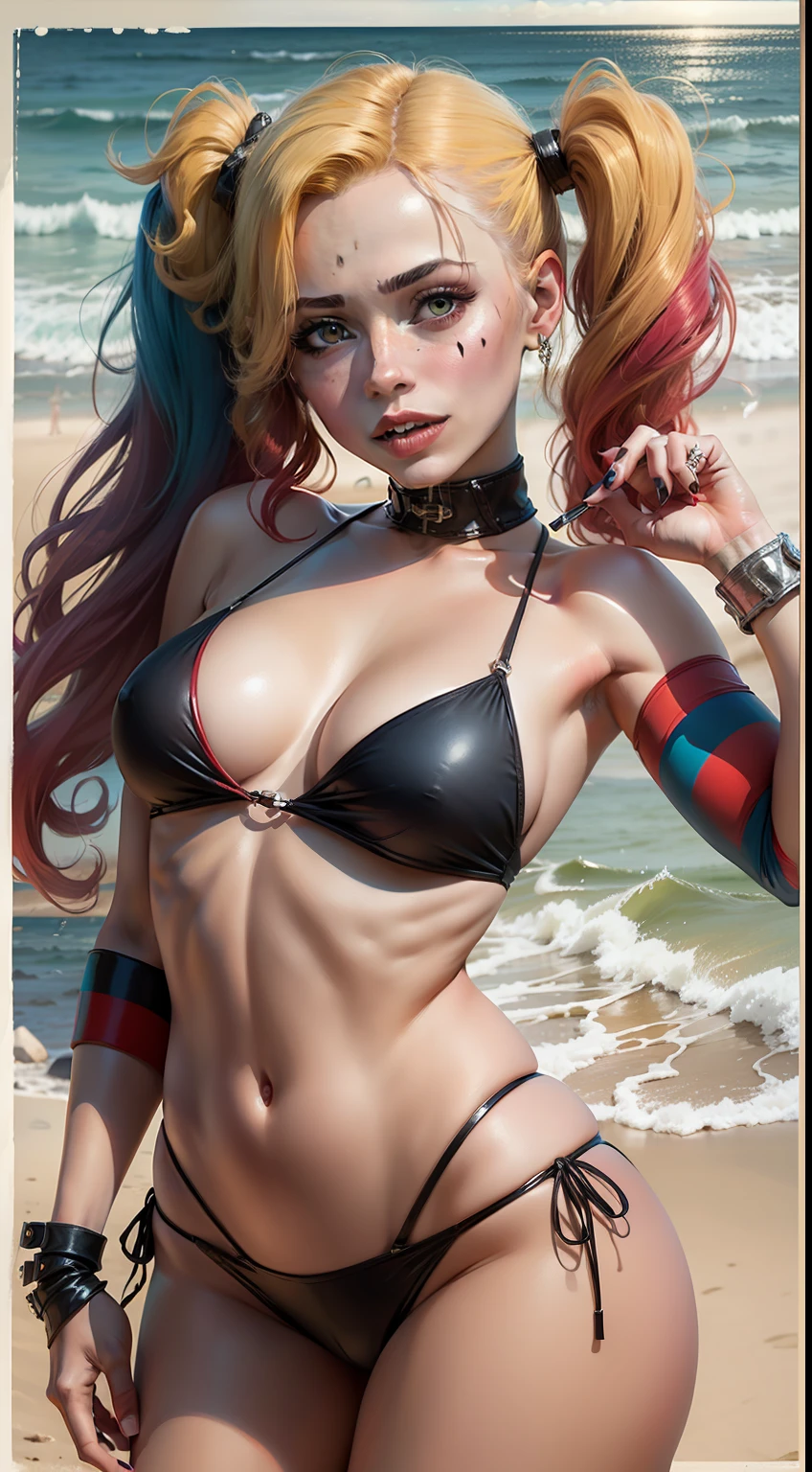 (masterpiece, best quality) Harley Quinn, beautiful woman, pigtails, stylish bikini, on the beach, pet hyena, vibrant colors