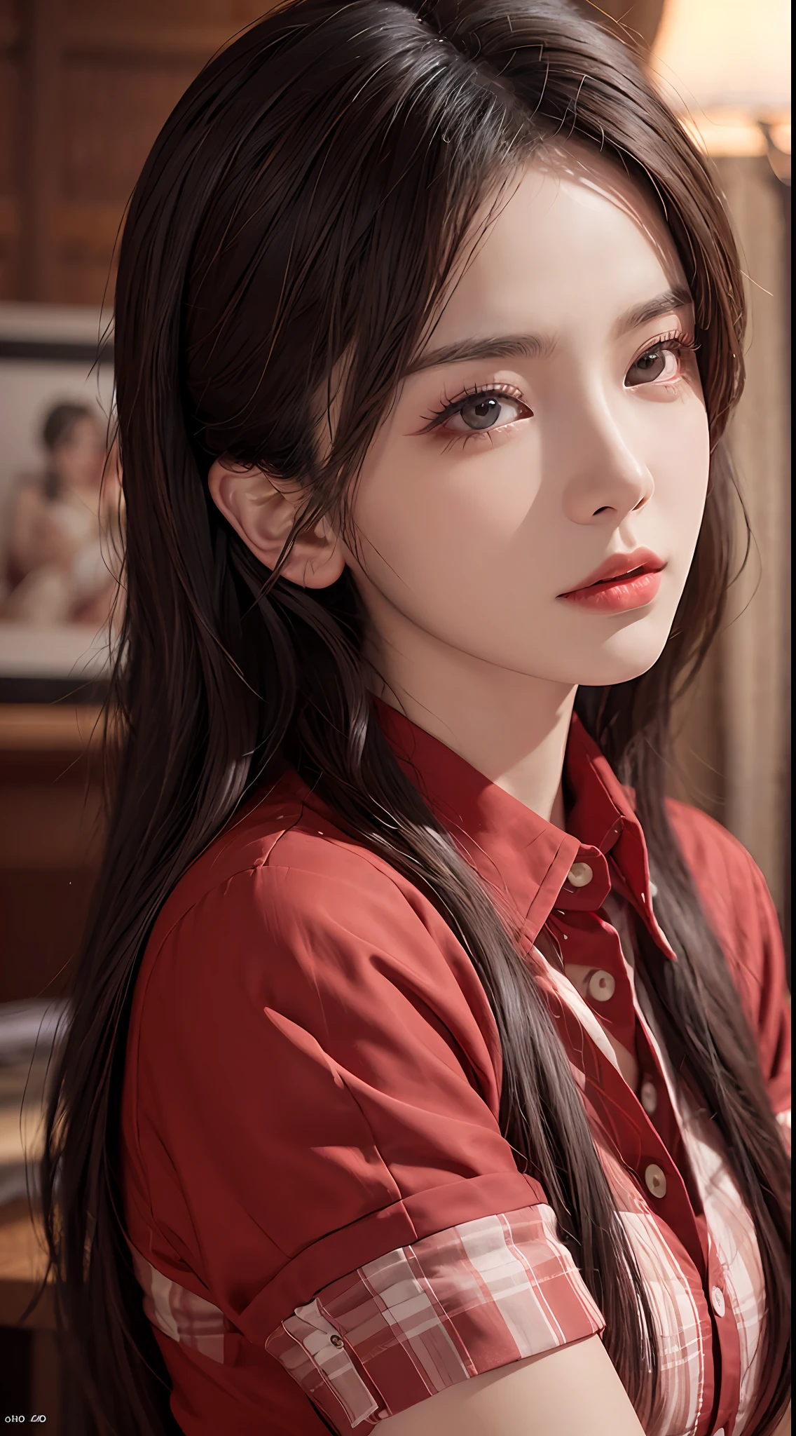 cyq, (zhubao:1.2),1girl, solo, brown hair, long hair, realistic, blurry, brown eyes, blurry background, lips, plaid shirt, red shirt, ulzzang-6500v1.1, (original: 1.2), (realistic: 1.3) , beautiful girl with beautiful details, extremely detailed eyes and face, eyes with beautiful details, absurd, incredibly absurd, huge file size, ultra detail, high resolution, ultra detailed, best quality, masterpiece, illustration, ultra detailed and beautiful, ultra detailed, CG, unity, 8k wallpaper, amazing, fine Detail, masterpiece, top quality, official art, extremely detailed CG unity 8k wallpaper, cinematic lighting,