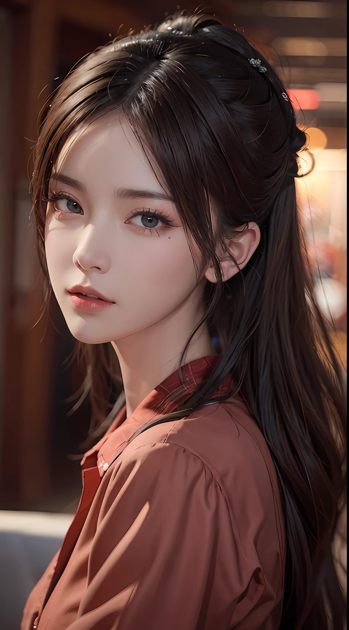 cyq, (zhubao:1.2),1girl, solo, brown hair, long hair, realistic, blurry, brown eyes, blurry background, lips, plaid shirt, red shirt, ulzzang-6500v1.1, (original: 1.2), (realistic: 1.3) , beautiful girl with beautiful details, extremely detailed eyes and face, eyes with beautiful details, absurd, incredibly absurd, huge file size, ultra detail, high resolution, ultra detailed, best quality, masterpiece, illustration, ultra detailed and beautiful, ultra detailed, CG, unity, 8k wallpaper, amazing, fine Detail, masterpiece, top quality, official art, extremely detailed CG unity 8k wallpaper, cinematic lighting,