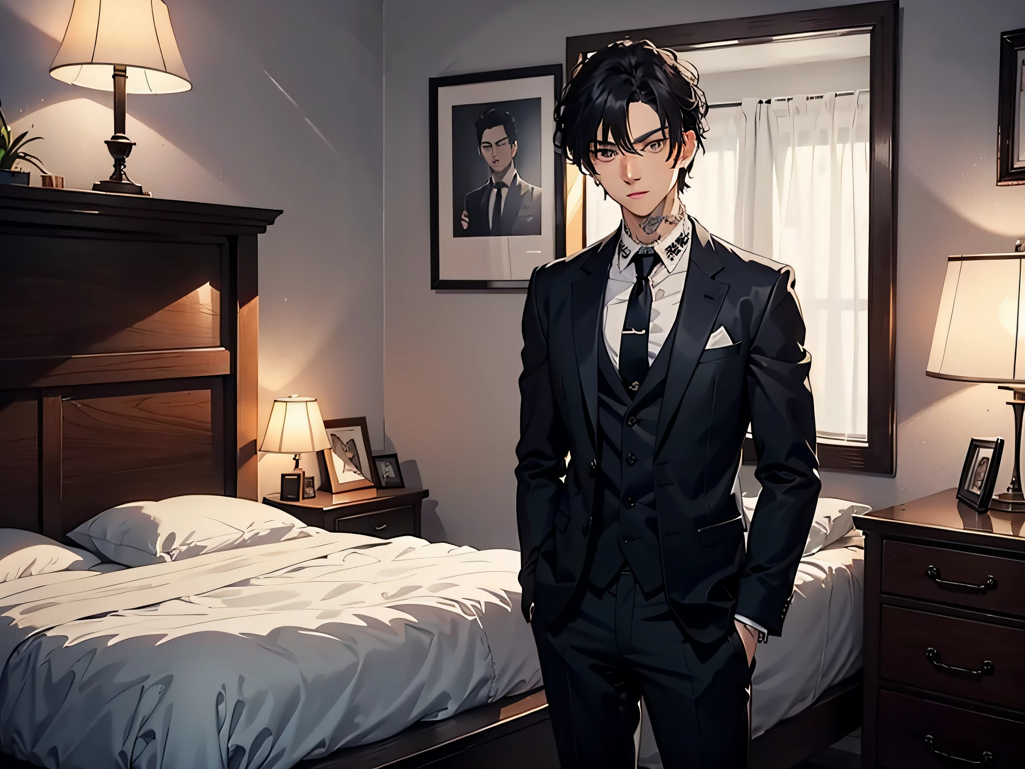 A handsome boy, 20 years old, standing in the bedroom, with a serious expression, looking at the camera, delicate facial features, hair is middle, wearing a black suit shirt, neck and arm tattoos