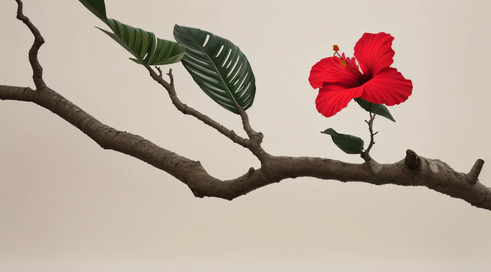hibiscus flower blooming on a gnarled branch against a grey background, simple background, in the style of light orange and light beige, minimalist images, photography installations, paleocore, green and crimson, hyper-realistic, poetic intimacy