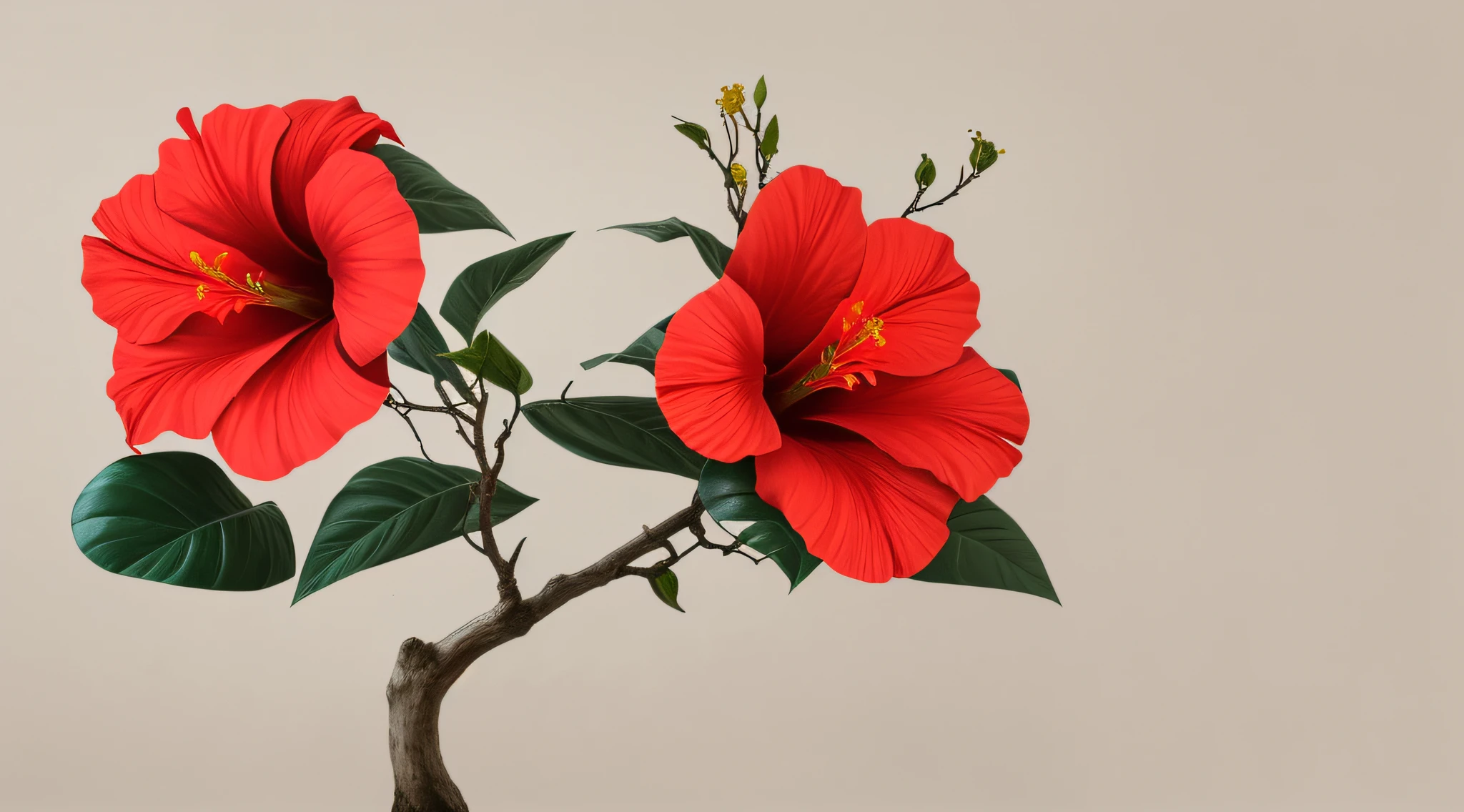 hibiscus flower blooming on a gnarled branch against a grey background, simple background, in the style of light orange and light beige, minimalist images, photography installations, paleocore, green and crimson, hyper-realistic, poetic intimacy