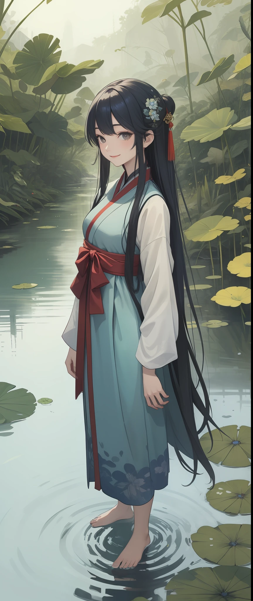 ((4k,masterpiece,best quality)), shuimobysim, traditional chinese ink painting, lotus,  hanfu, maxiskit, dress conservatively
1girl, solo, long blue hair, smile, standing, feet in the water, barefoot,
