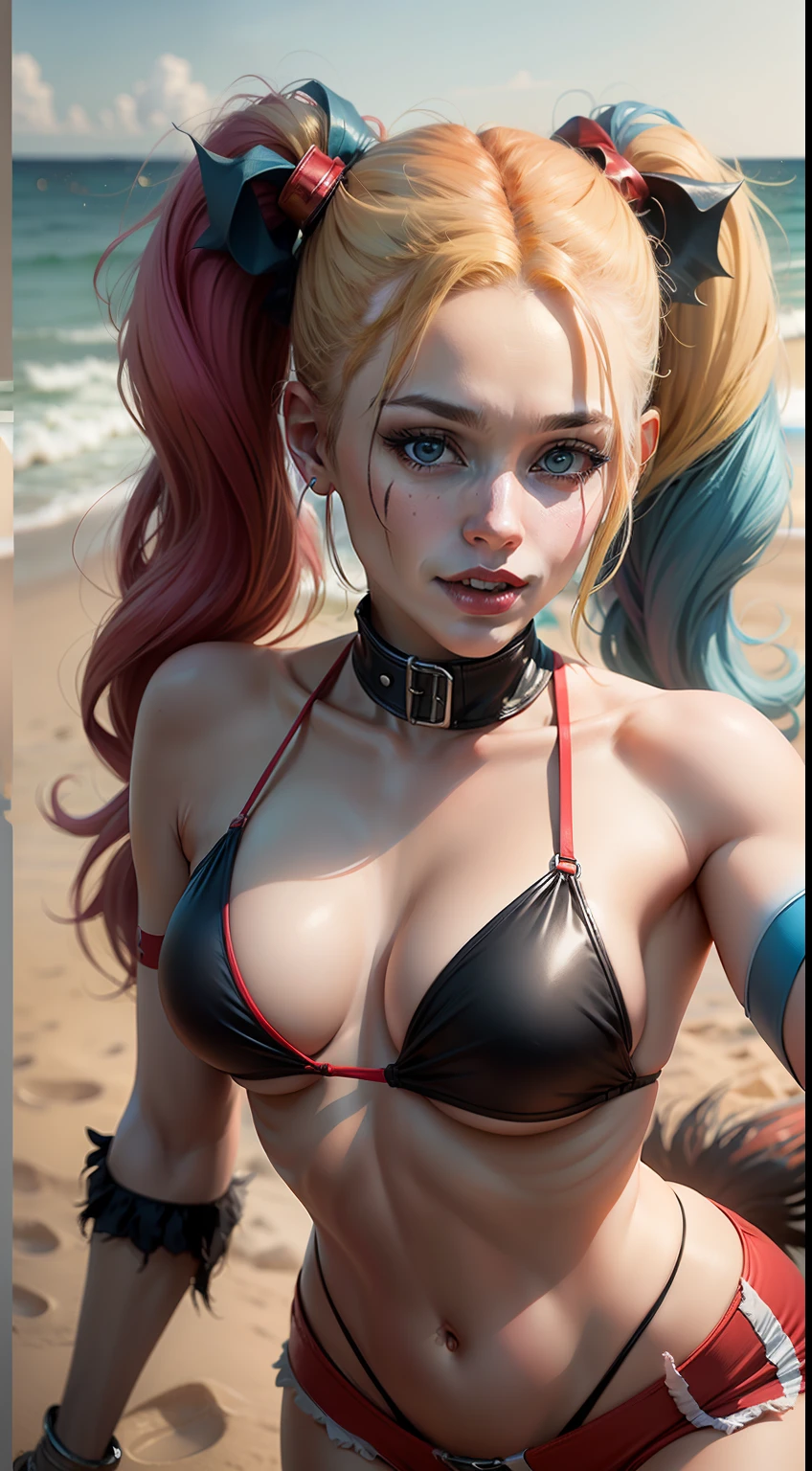 (masterpiece, best quality) Harley Quinn, beautiful woman, pigtails, stylish bikini, becoming werehyena, on the beach, vibrant colors