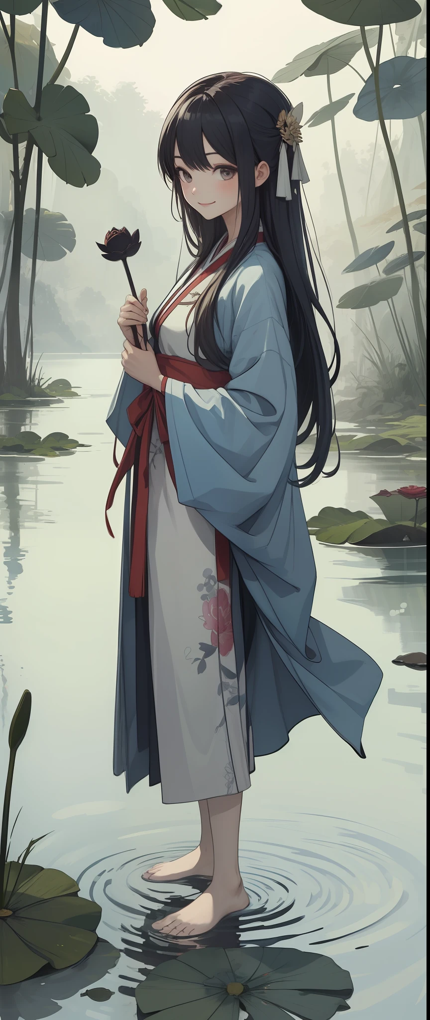 ((4k,masterpiece,best quality)), shuimobysim, traditional chinese ink painting, lotus, hanfu, maxiskit, dress conservatively
1girl, solo, long blue hair, smile, standing, feet in the water, barefoot,