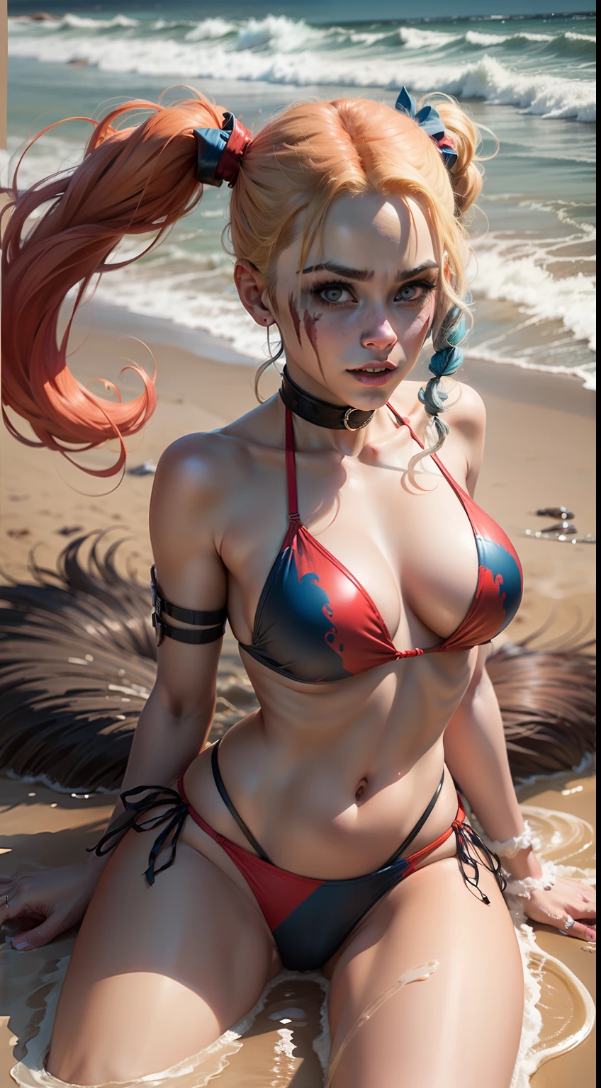 (masterpiece, best quality) Harley Quinn, beautiful woman, pigtails, stylish bikini, becoming werehyena, on the beach, vibrant colors