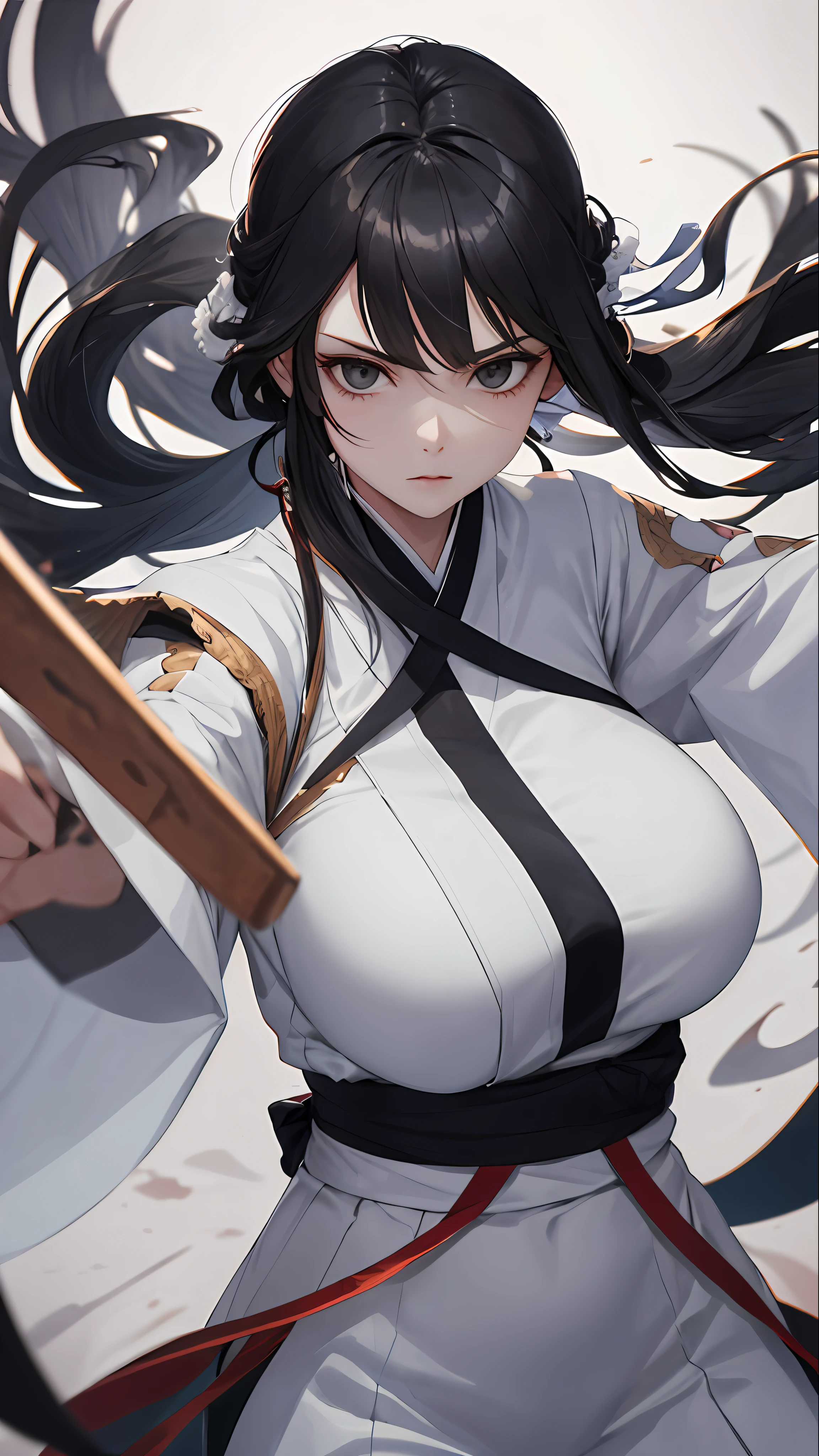 huge natural breasts, A bust of a woman with black hair and black eyes, a woman, a serious expression, holding a weapon, attack action, dynamic composition, bowed head, Hanfu, white clothes, cold eyes, loose hair, (ink smudge) beautiful character painting, clothing black and white ink style, face delicate color, watercolor, light color, martial arts style, national style, delicate and beautiful face, waist seal, sharp eyes