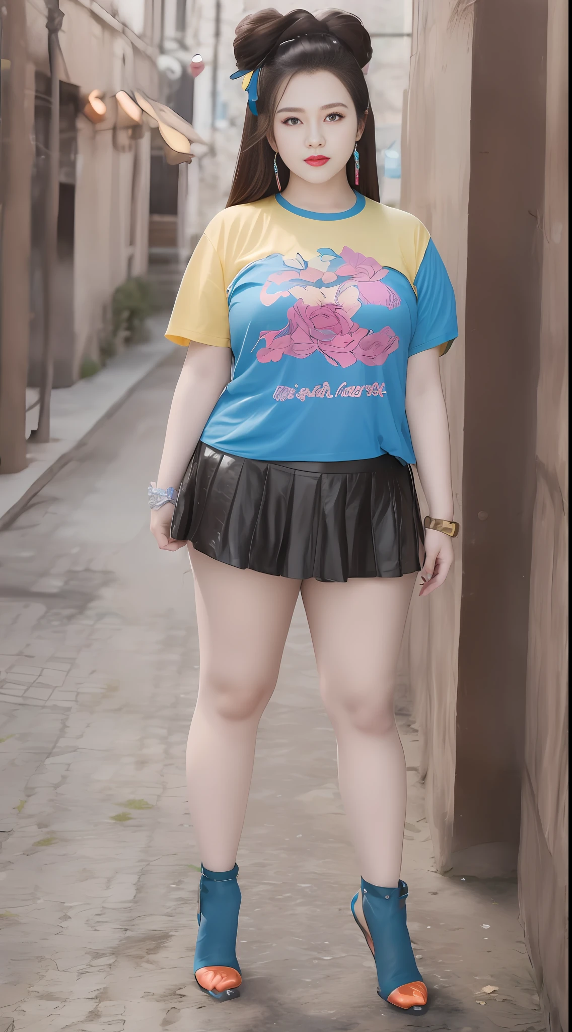Tall plus-size cute girl, rainbow color T-shirt + rainbow color short skirt, well-proportioned, tall, chubby cute girl, model, red high-heeled leather shoes 👠, height 180cm, height 180cm, long legs, low angle shooting