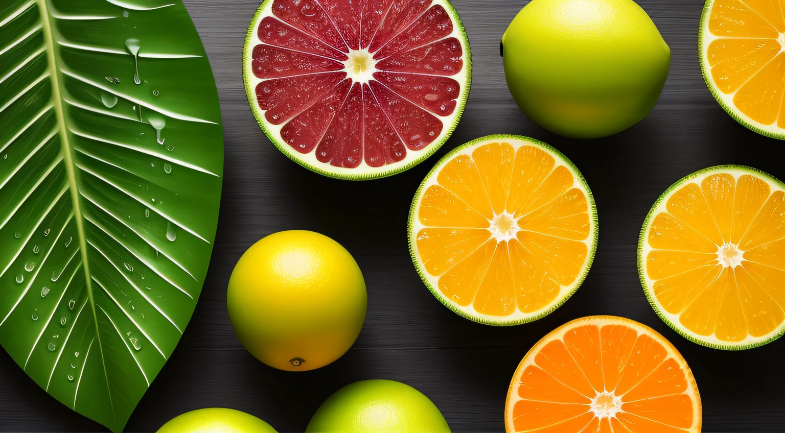 4k, lots of delicious tropical fruits, water drops on the table, lots of details