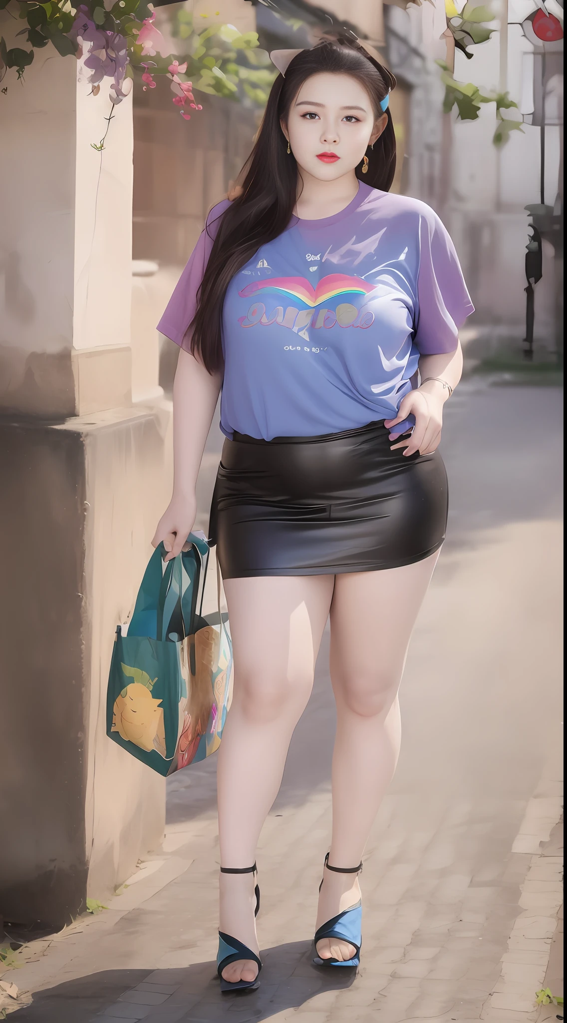 Tall plus-size cute girl, rainbow color T-shirt + rainbow color short skirt, well-proportioned, tall, chubby cute girl, model, red high-heeled leather shoes 👠, height 180cm, height 180cm, long legs, low angle shooting
