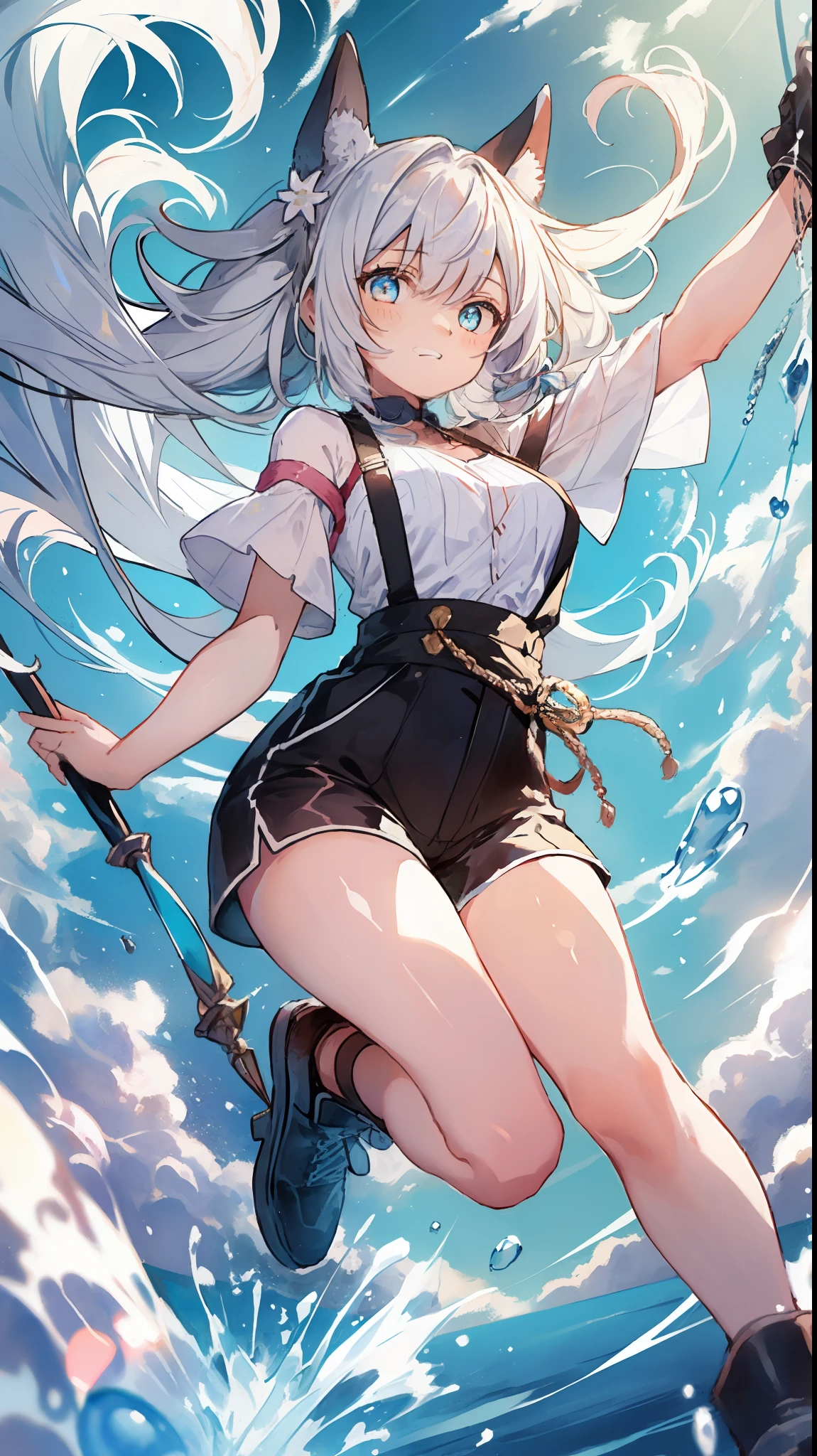 (best quality, masterpiece), one girl, (female-centric), ahoge, white blue hair, (white shirt), (overfitted shirt)), long hair, standing, twin tails, white background, big breasts, (((shorts))