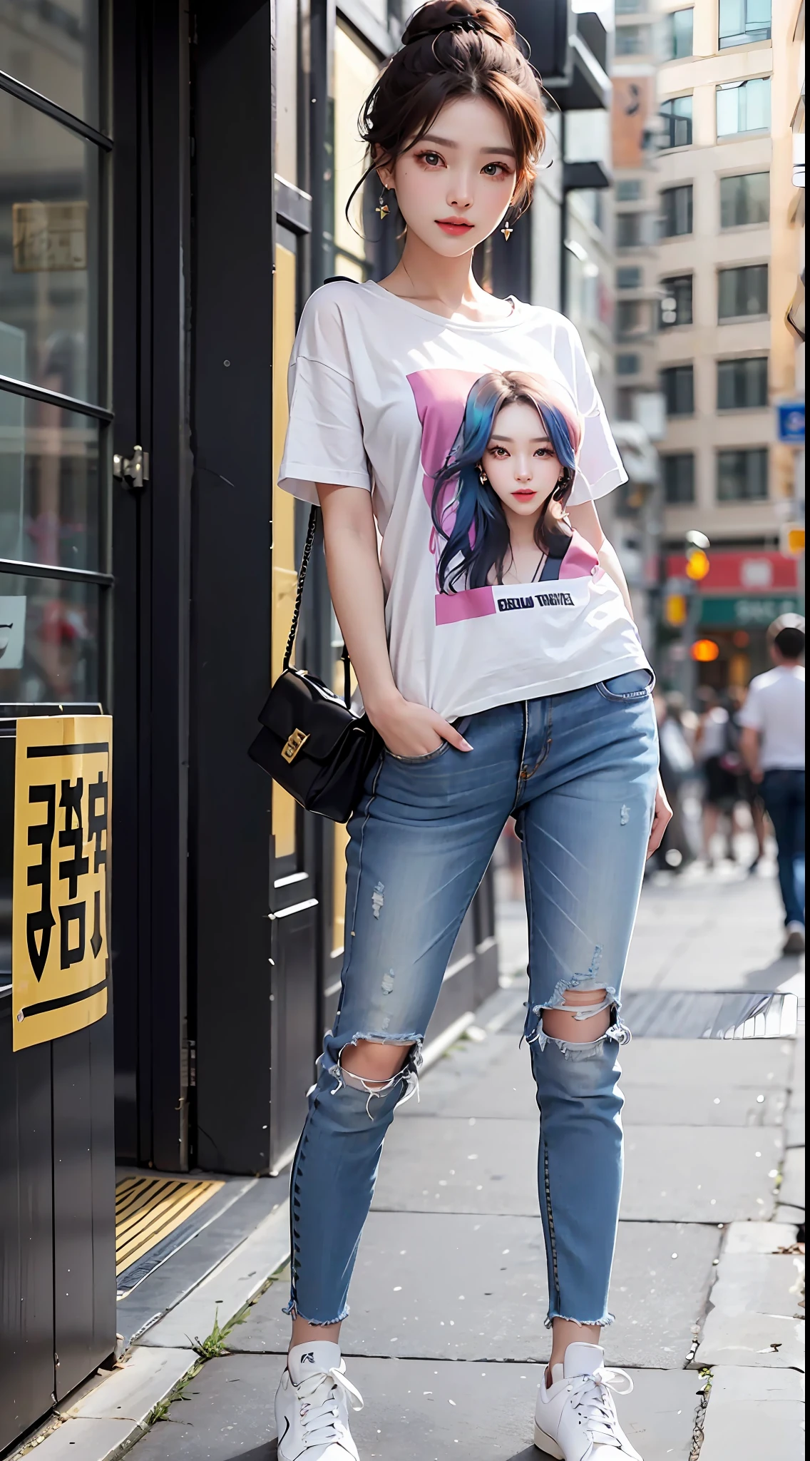 A stylish Chinese beauty, she walks the streets of city high-rise buildings in trendy loose jeans with a stylish printed T-shirt and canvas shoes, eyes staring at the camera, kanzashi, long eyelashes, amber eyes, crystal earrings, parted lips, light smile, ahoge, rainbow hair, french braid,hair, hyper-realistic, close up, f/4.0, 35mm, UHD, retina, masterpiece, High resolution, best quality, 16k, (full body photo)