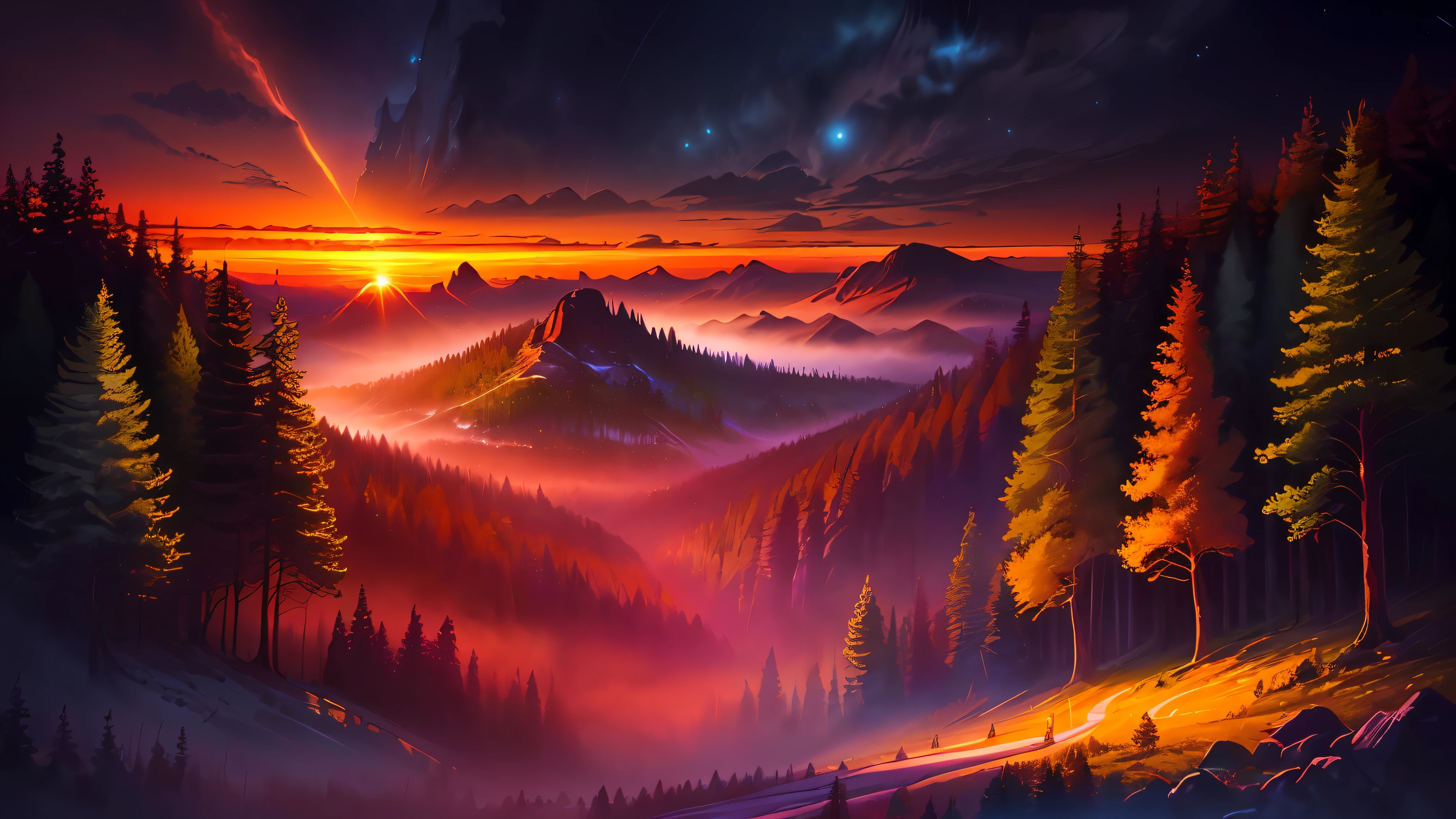 there is a painting of a sunset in the woods, beautifully lit landscape, background artwork, nighttime nature landscape, 4 k hd wallpaper illustration, calm night. digital illustration, 4 k hd illustrative wallpaper, abstract nature landscape, jen bartel, fantasy forest landscape, epic beautiful landscape, beautiful art uhd 4 k, landscape illustration, dreamy landscape, landscape wallpaper