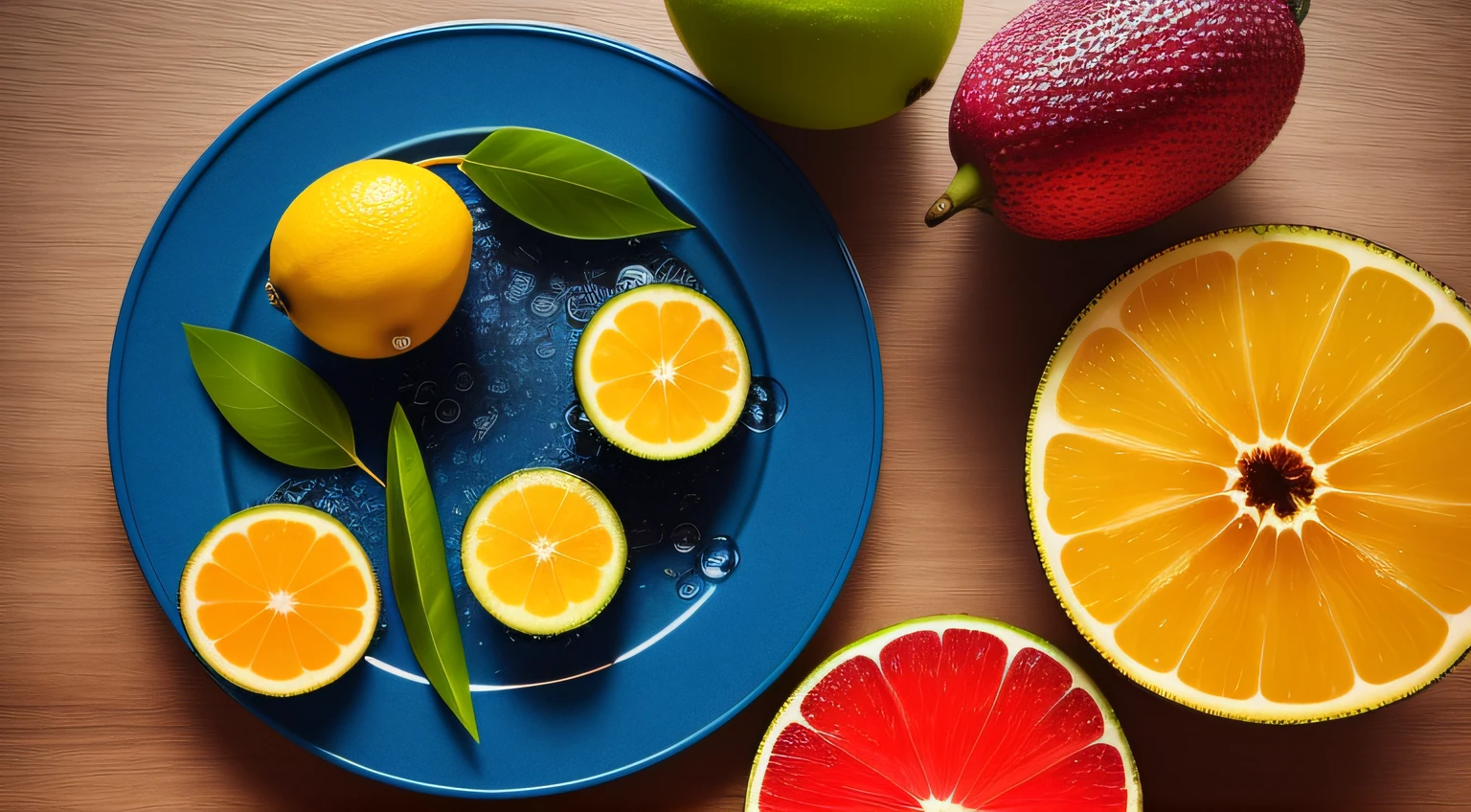 4k, lots of delicious tropical fruits, water drops on the table, lots of details