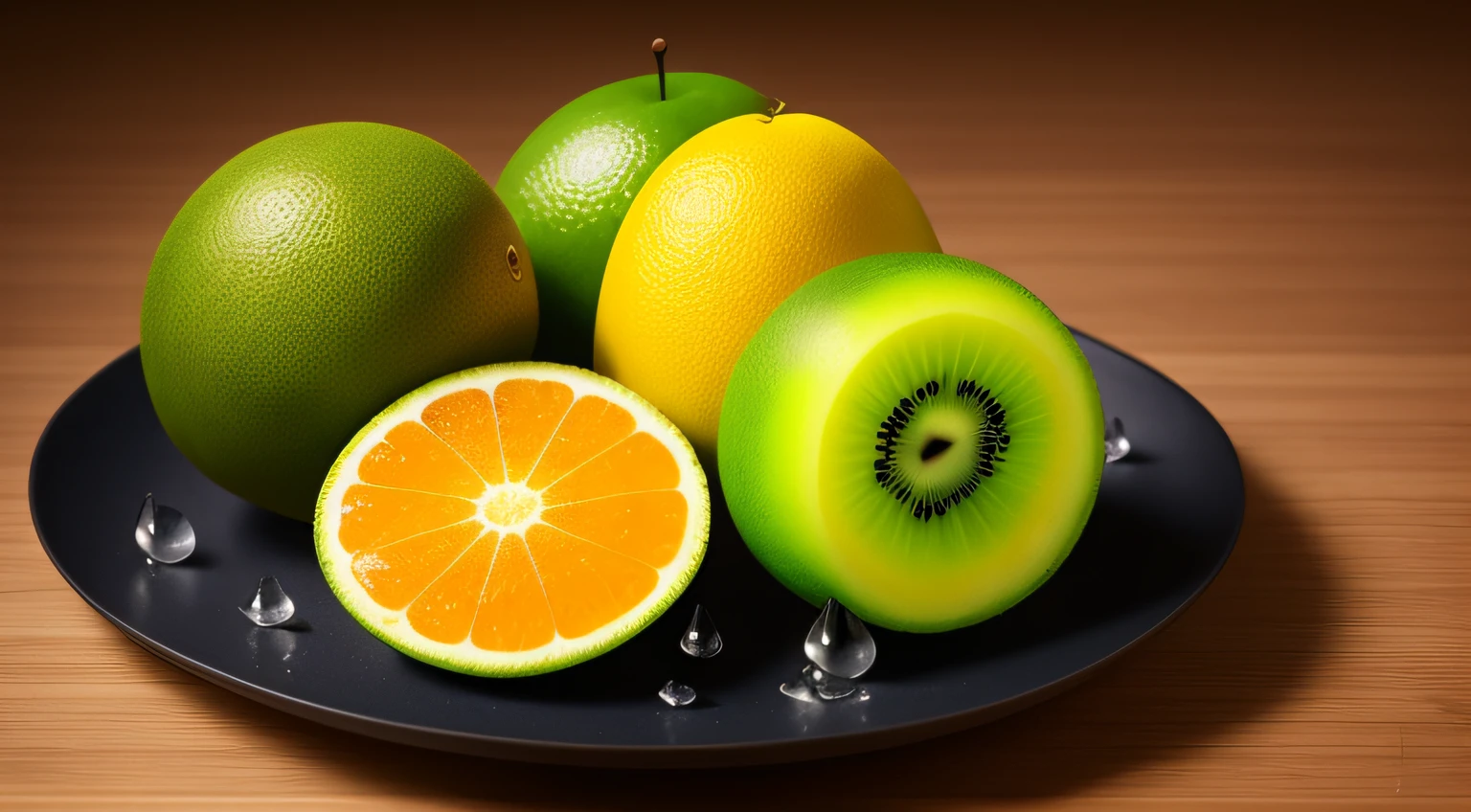 4k, lots of delicious tropical fruits, water drops on the table, lots of details