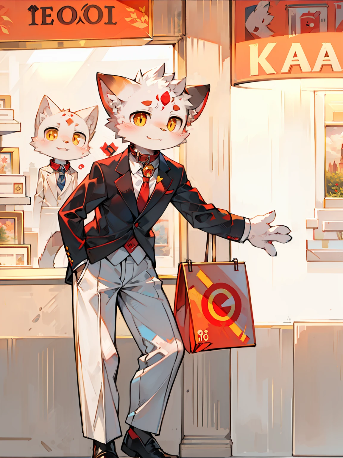 There is a cat in a suit and tie standing in front of a store, with a collar around his neck, golden pupils, gentle lighting, red round eyebrows, cute expression, red logo on his forehead, masterpiece, masterpiece, delicate painting style, 1080p, facial fur is white