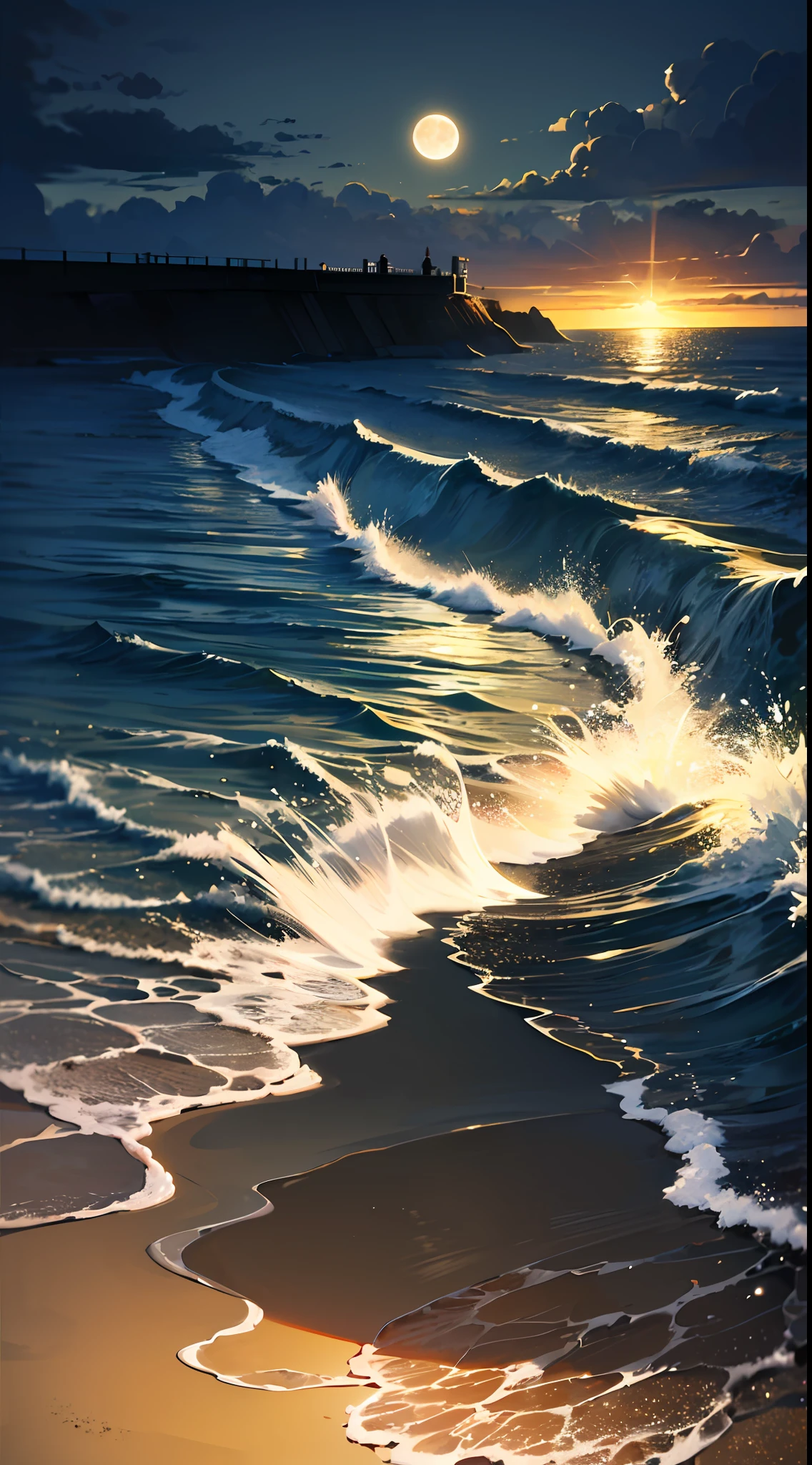 (moonlit night),(on the beach,crashing waves),(dramatic lighting),(silhouettes),(sparkling sand),(peaceful and relaxing atmosphere) --auto
