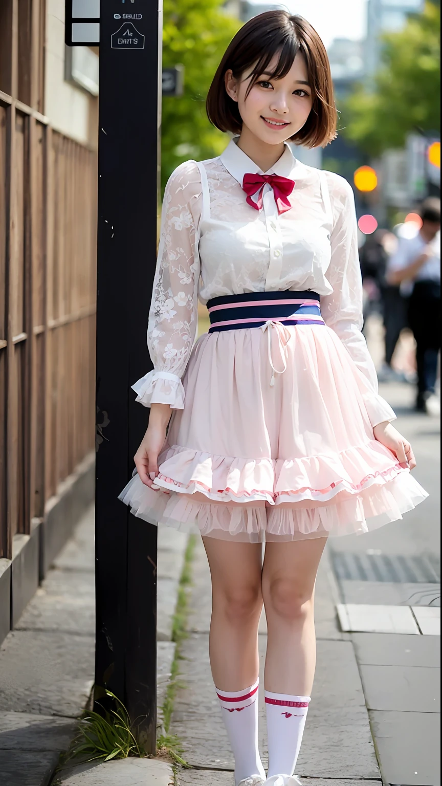 (Top Quality, 8k, 32k, Masterpiece, UHD: 1.2), 1 Girl, Beautiful Japan Woman, Thin Waist, High School, Standing (Girly Fashion), (Pastel Colors, Ruffled Clothes, Clothes with Ribbons, Floral Tulle Skirt, Blouse with Lace, Frilly Socks, Loafer Pumps), Cinematic Light, (Bite Pose: 1.2), (Smile at Whoever You Like)、