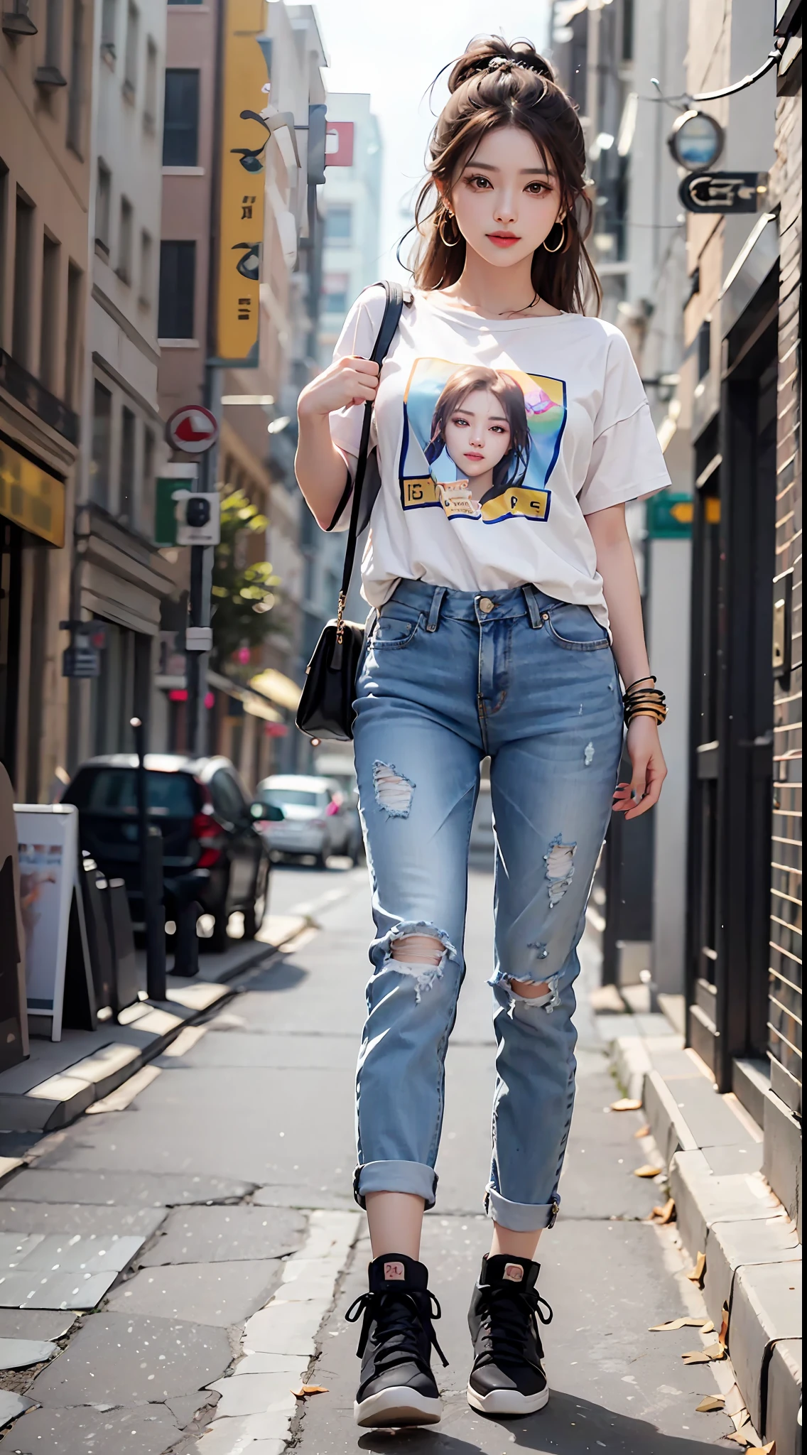 A stylish Chinese beauty, she walks the streets of city high-rise buildings in trendy loose jeans with a stylish printed T-shirt and canvas shoes, eyes staring at the camera, kanzashi, long eyelashes, amber eyes, crystal earrings, parted lips, light smile, ahoge, rainbow hair, french braid,hair, hyper-realistic, close up, f/4.0, 35mm, UHD, retina, masterpiece, High resolution, best quality, 16k, (full body photo)