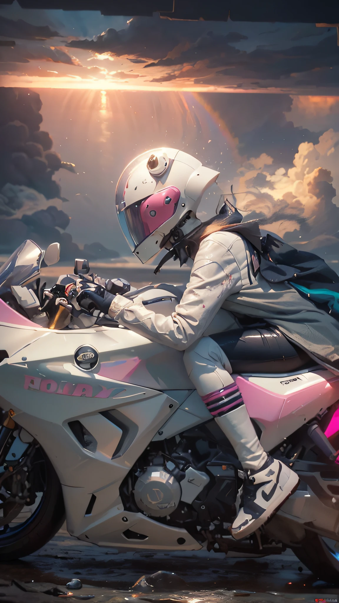(Masterpiece, best quality, high resolution, ridiculous, detail: 1.5), humanoid, robot, (glowing helmet: 2), (cyberpunk, art canvas, brush, easel, rainbow color, hologram, neon light, brilliant color, paradise, dreamy, pink cloud, delicate hand detail: 1.6), (female), (waves, sea water, moto, splash, outdoor, smoke, simple background), extreme detail, paradise, (full motorcycle: 1.5), realistic, (fluorescent moto: 2), more clouds, extreme speed