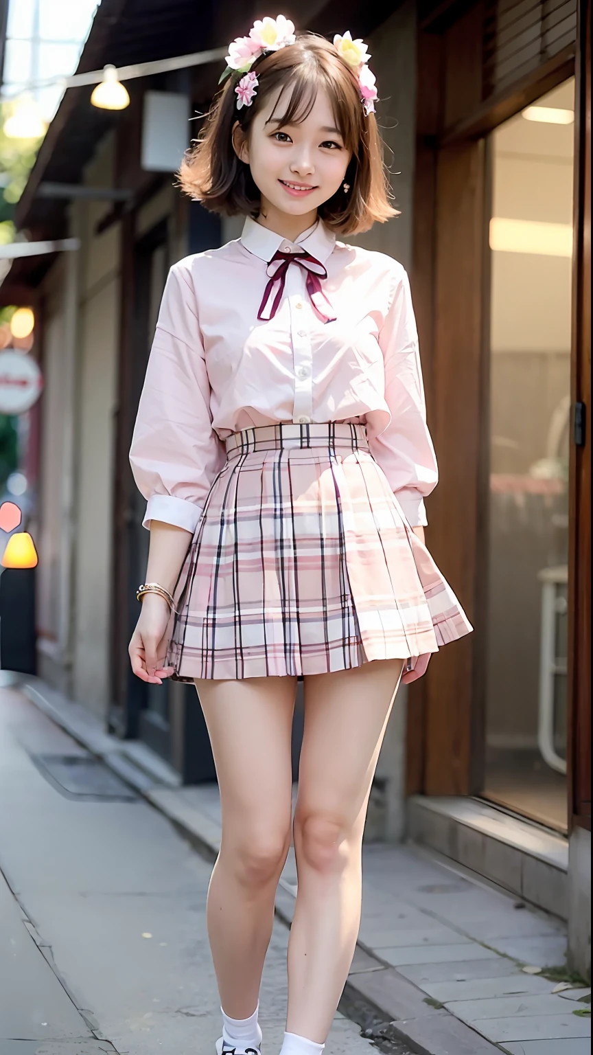 (Top Quality, 8k, 32k, Masterpiece, UHD: 1.2), 1 Girl, Beautiful Japan Woman, Thin Waist, High School, Standing (Girly Fashion), (Pastel Colors, Ruffled Clothes, Clothes with Ribbons, Floral Tulle Skirt, Blouse with Lace, Frilly Socks, Loafer Pumps), Cinematic Light, (Bite Pose: 1.2), (Smile at Whoever You Like)、