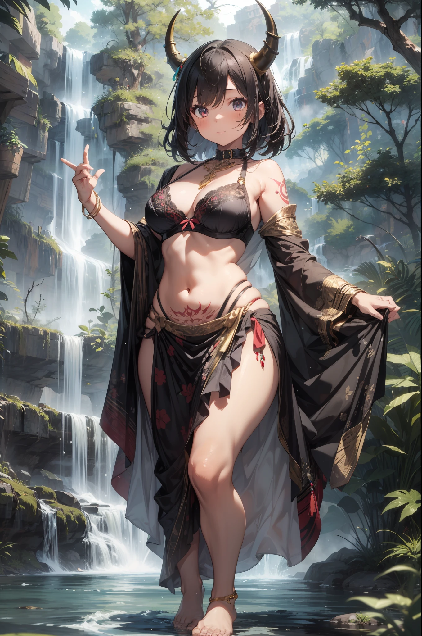 1girl, tribal tatoos, horns, dark skin, curvy, black hair, golden jewelery, sarong, bra, barefoot, standing, add_detail:2 , nice hands perfect hands, full body, perfect anatomy, jungle scenery, waterfall