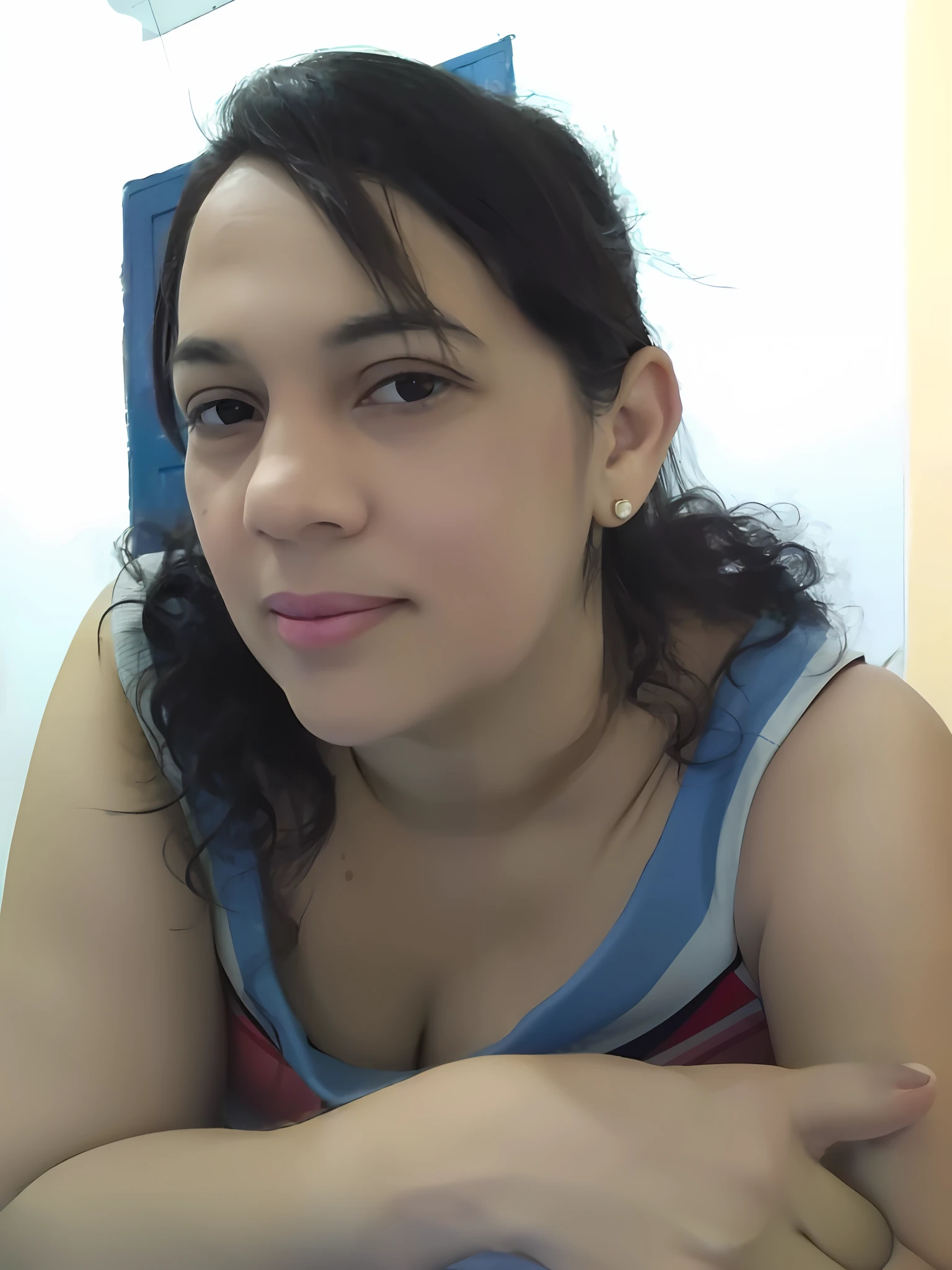 there is a woman sitting on a bed with her arms crossed, 30-year-old woman from cuba, fernanda suarez, 2 7 years old, alanis guillen, 2 8 years old, 2 9 years old, looks like fabiula nascimento, adriana dxim, estefania villegas burgos, 3 5 year brazilian mother
