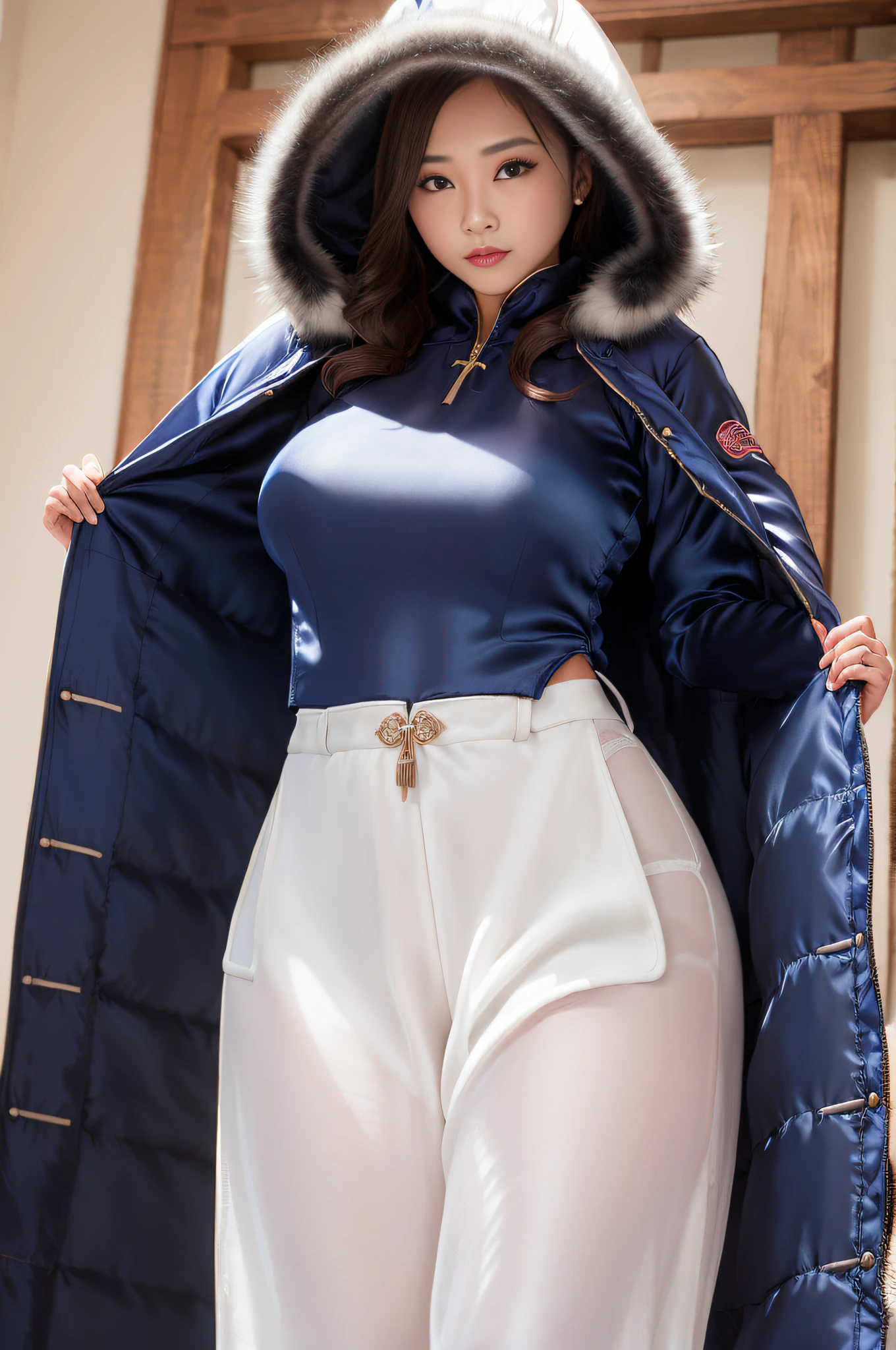 beautiful Vietnamese woman in (((Silk))) ao dai, red top, white pants, cowboy shot, pov, Nikon, 135mm, backlighting, anatomically correct, textured skin, super detail, UHD, masterpiece, large breasts, satin, ((((silk navy blue down thick puffer coat, fur hood))))