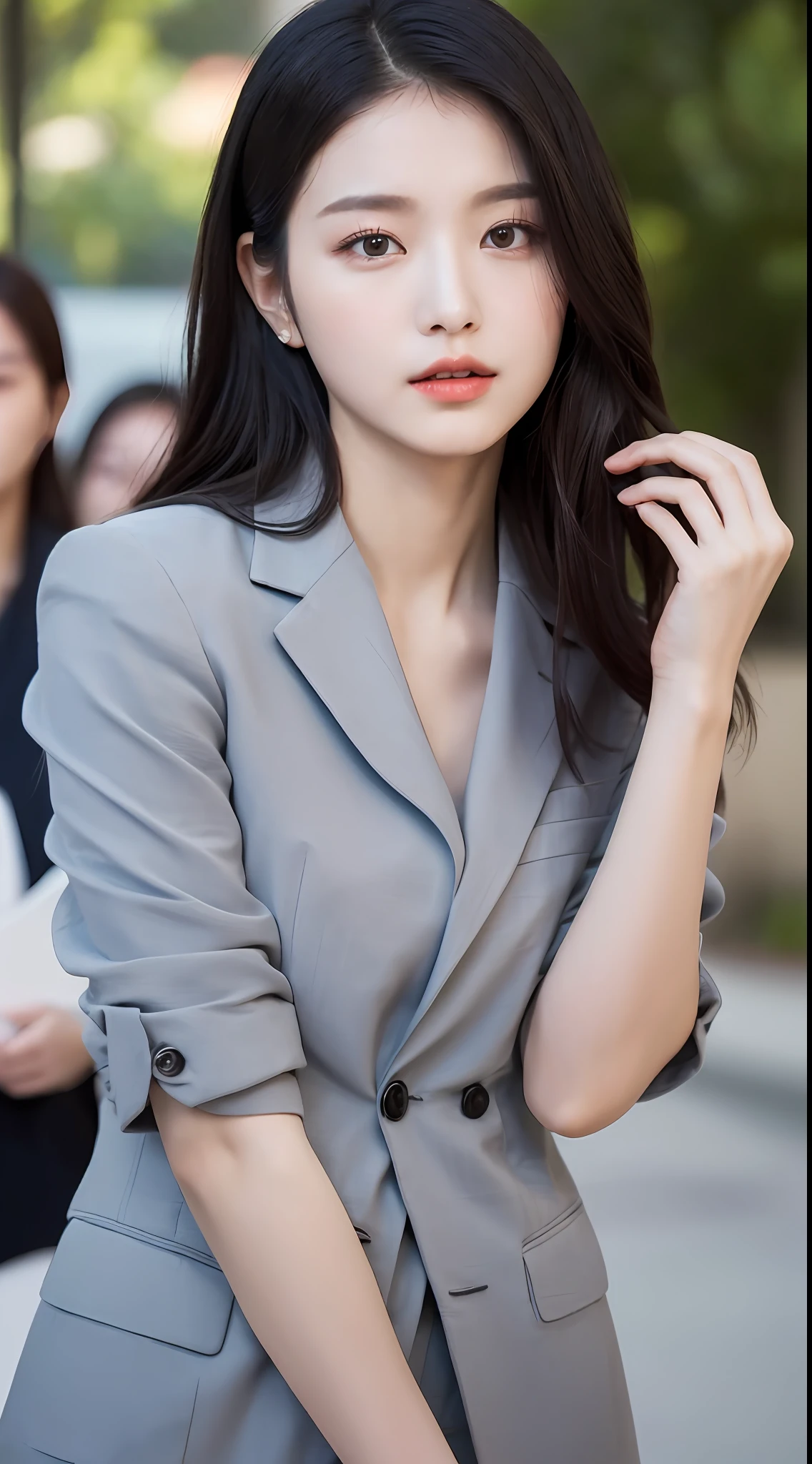 ((Top Quality, 8K, Masterpiece: 1.3)), 1 Girl, Slim, Super Slender Face, Delicate Eyes, Double Eyelids, Suit Style, Black Hair Long