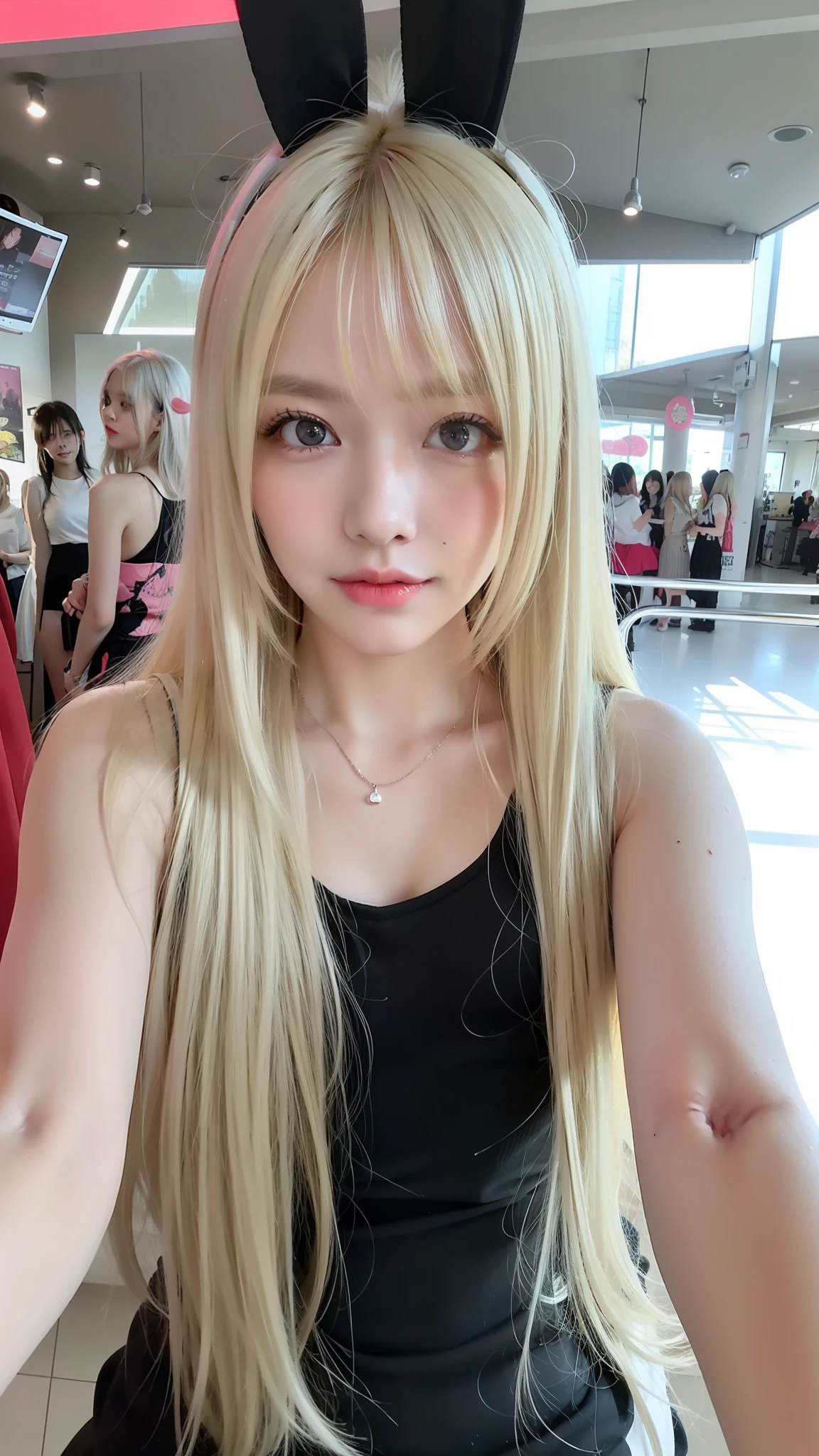 blond haired girl with long hair and bunny ears posing for a picture, with long white hair, with white long hair, anime girl in real life, long white hair and bangs, anime girl cosplay, white long hair!!, anime thai girl, girl with white hair, flowing white hair, cosplayer, long white hair, with long blond hair, her hair is white