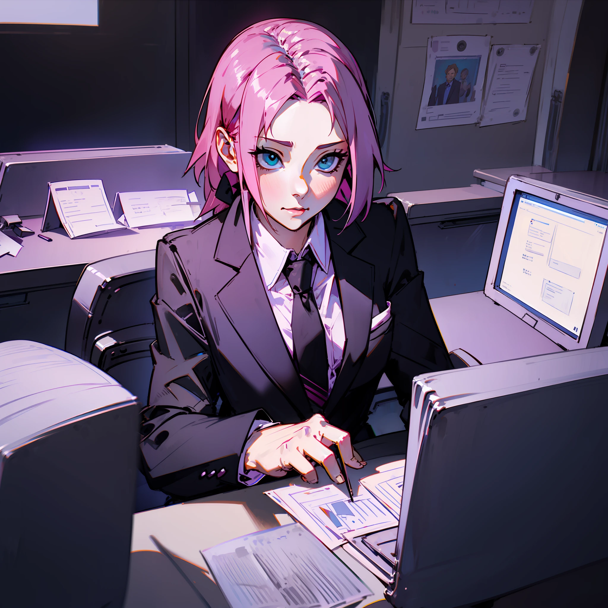 Sakura working in an office , masterpiece, great details , black suit , pink tie .