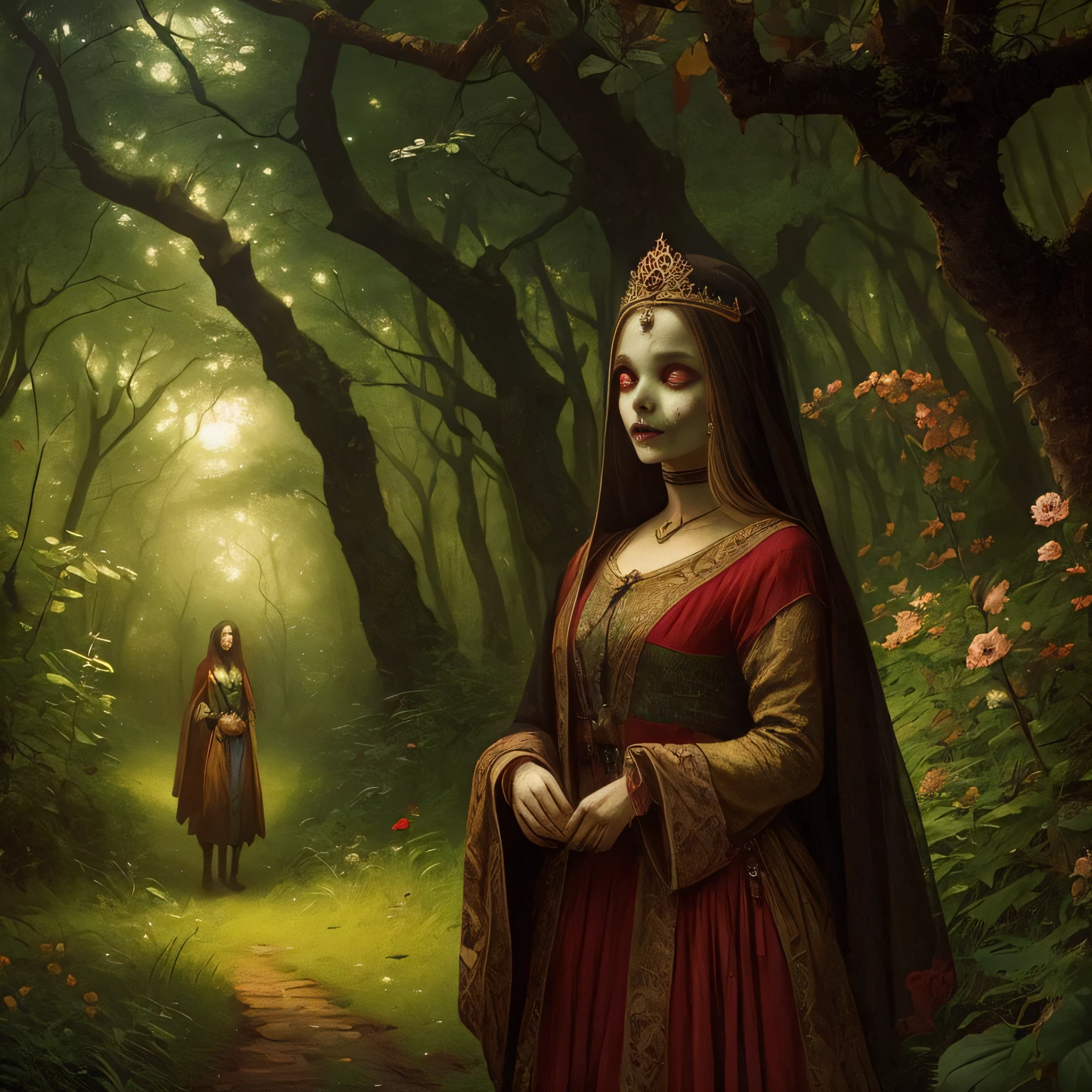 dark zombies and cute venus goddes in medieval forest in style of Odilon Redon