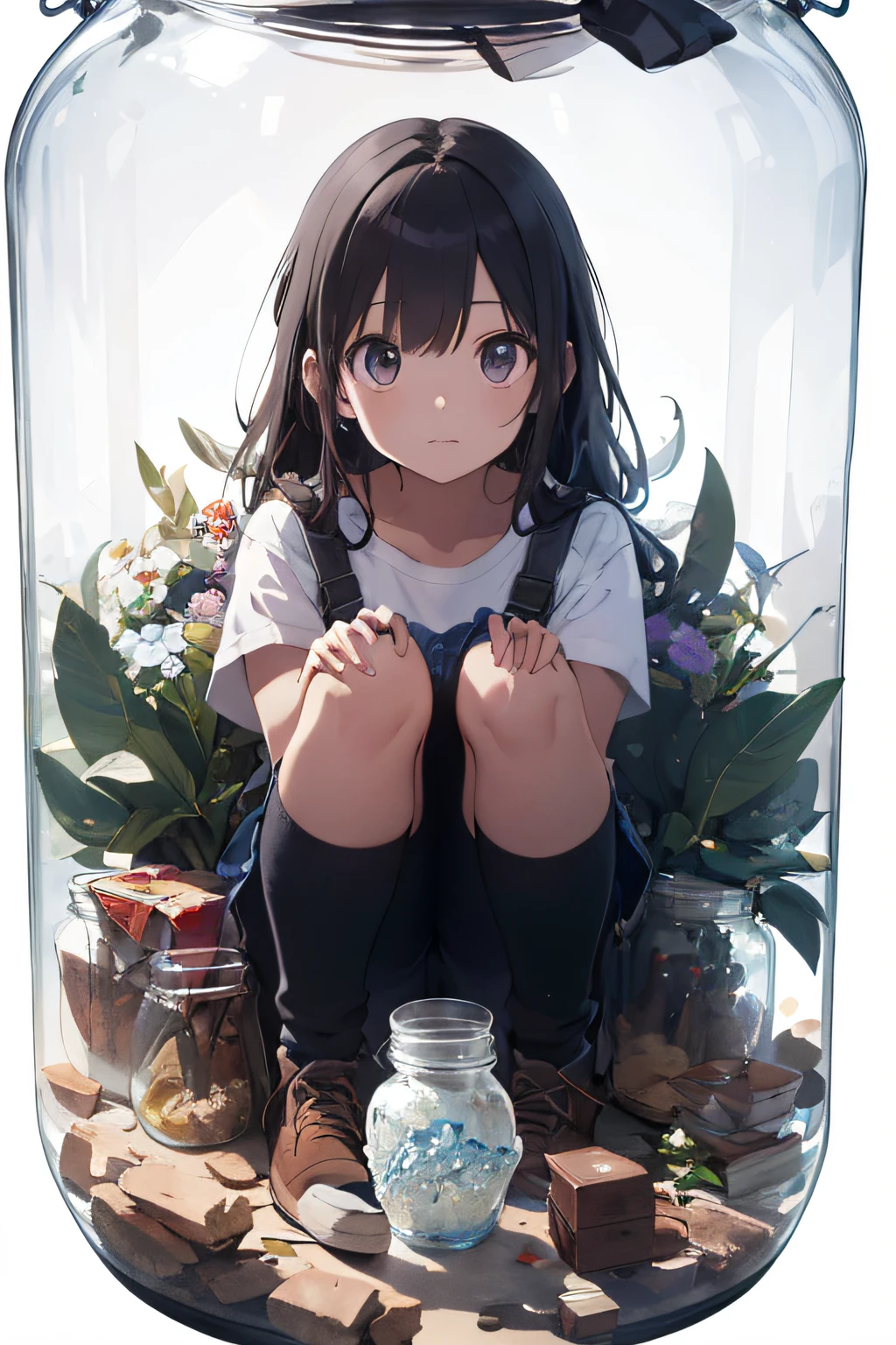 (masterpiece, best quality), intricate details, 8k, artstation, wallpaper, sharp focus, ca3,(white background:1.45),(transparent background:1.3),{(depth of field:0.5)},(glass strips:1.2),[(glass jar:1.15),(girl in jar:1.35):(sitting girl)], fix,cute,whole body,