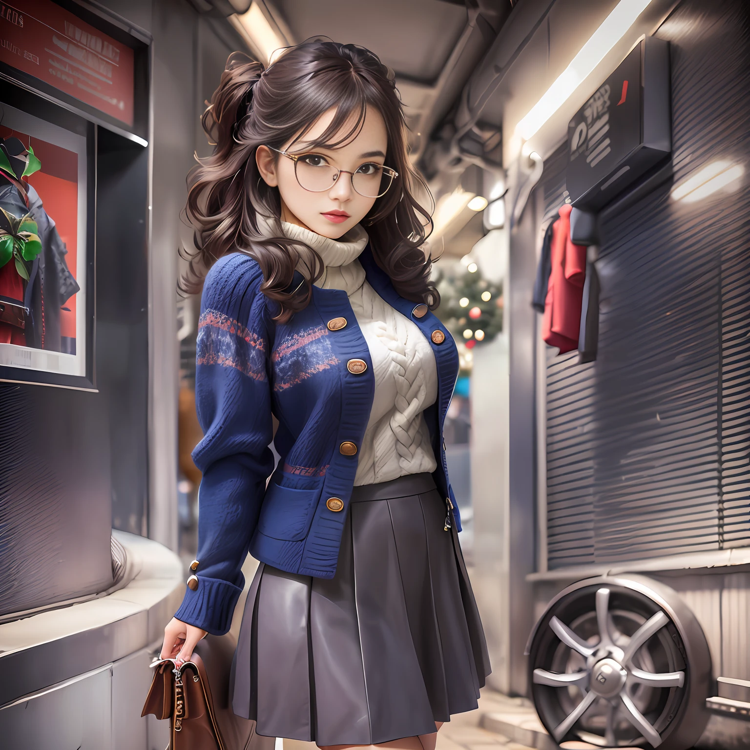 Neat and clean woman holiday attire, soft material skirt and knitted jacket in calm shades, hair and background redrawn, urban background with blue sky