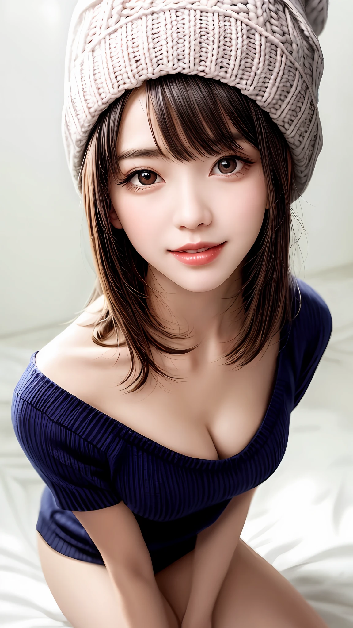 Pee (incontinence: 1.47), fashion trendy beautiful and attractive woman, gentle and attractive Chinese beautiful woman, Korean (kpop idol), delicate and sexy collarbone, attractive oval face, double eyelids, smart [peach] flower eyes, pink lips, small nose, bare shoulders, focus on face, [[face close-up], ultra high definition, super detail, White off-shoulder lace shirt, (((white lace panties), fresh and impressive, natural (large: 1.25), (kneel on the ground), (legs wide open), (legs spread), (from a low angle), (upright 1.5), (shiny skin: 1.4), (low angle)), perfect figure, areola, cleavage, armpit wrinkles, (floor urine)), (NSFW: 1.05), ( Showpiece, top quality, high precision)), one girl, (big, photorealistic: 1.4), (slightly above the camera, looking up at the camera, looking up, looking up at the camera, staring at the camera))), solo, solo, white background, snow-white background, mouth closed, happy smile, pretty black hair, short hair, big eyes, pronounced double eyelids, eyelashes, ears out, long neck, long neck, Absolute area, ((close-up of face, short hair with bangs)), 19 years old, attractive proportions, shiny skin, clean collarbone, golden ratio face, perfect face, teardrop mole, chest mole, bangs, clean bangs, beautiful bangs, lip gloss, thin lips, white skin, undressed, big breasts, small face, staring at the camera a little upwards, ((smiling a little at the camera, really nothing pure white backgroundBig big, big breasts, very big)), ((((uniform, shirt, knitted hat)))