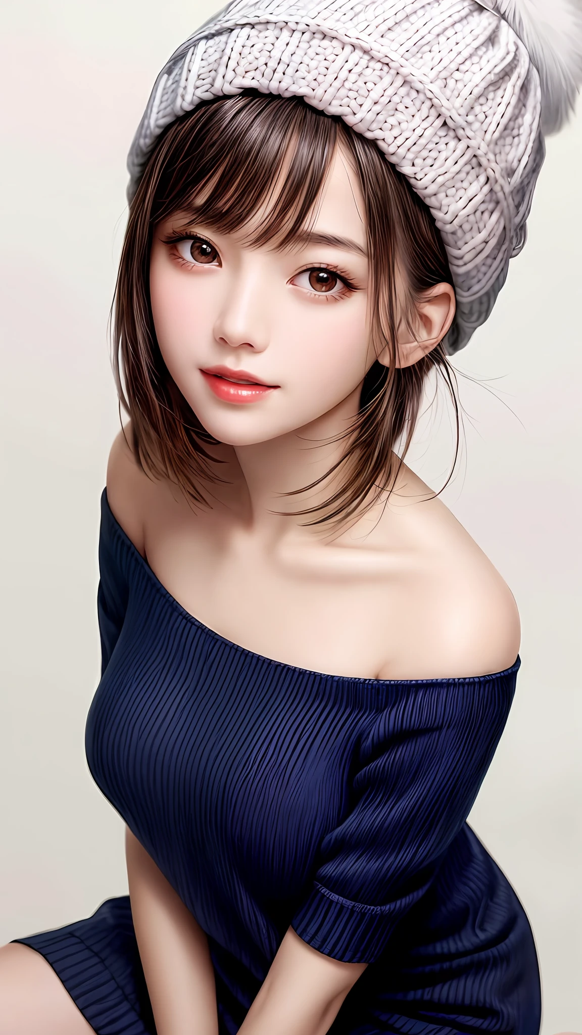 Pee (incontinence: 1.47), fashion trendy beautiful and attractive woman, gentle and attractive Chinese beautiful woman, Korean (kpop idol), delicate and sexy collarbone, attractive oval face, double eyelids, smart [peach] flower eyes, pink lips, small nose, bare shoulders, focus on face, [[face close-up], ultra high definition, super detail, White off-shoulder lace shirt, (((white lace panties), fresh and impressive, natural (large: 1.25), (kneel on the ground), (legs wide open), (legs spread), (from a low angle), (upright 1.5), (shiny skin: 1.4), (low angle)), perfect figure, areola, cleavage, armpit wrinkles, (floor urine)), (NSFW: 1.05), ( Showpiece, top quality, high precision)), one girl, (big, photorealistic: 1.4), (slightly above the camera, looking up at the camera, looking up, looking up at the camera, staring at the camera))), solo, solo, white background, snow-white background, mouth closed, happy smile, pretty black hair, short hair, big eyes, pronounced double eyelids, eyelashes, ears out, long neck, long neck, Absolute area, ((close-up of face, short hair with bangs)), 19 years old, attractive proportions, shiny skin, clean collarbone, golden ratio face, perfect face, teardrop mole, chest mole, bangs, clean bangs, beautiful bangs, lip gloss, thin lips, white skin, undressed, big breasts, small face, staring at the camera a little upwards, ((smiling a little at the camera, really nothing pure white backgroundBig big, big breasts, very big)), ((((uniform, shirt, knitted hat)))