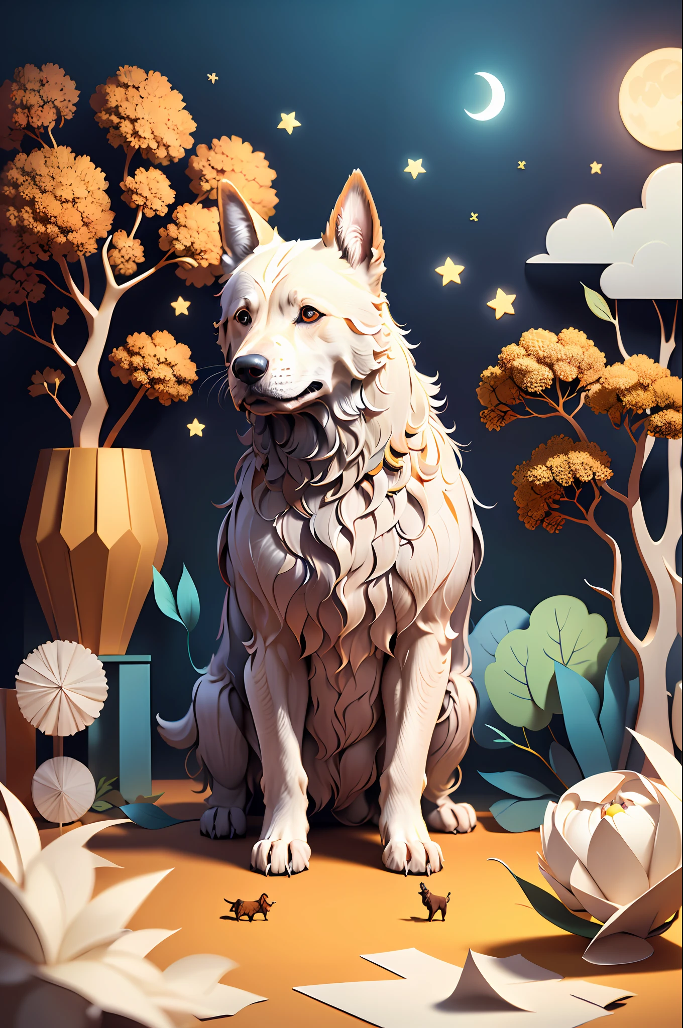 (((masterpiece))),bestquality,illustration,beautifuldetailedglow,
paper_cut,   dog, tree,moon,