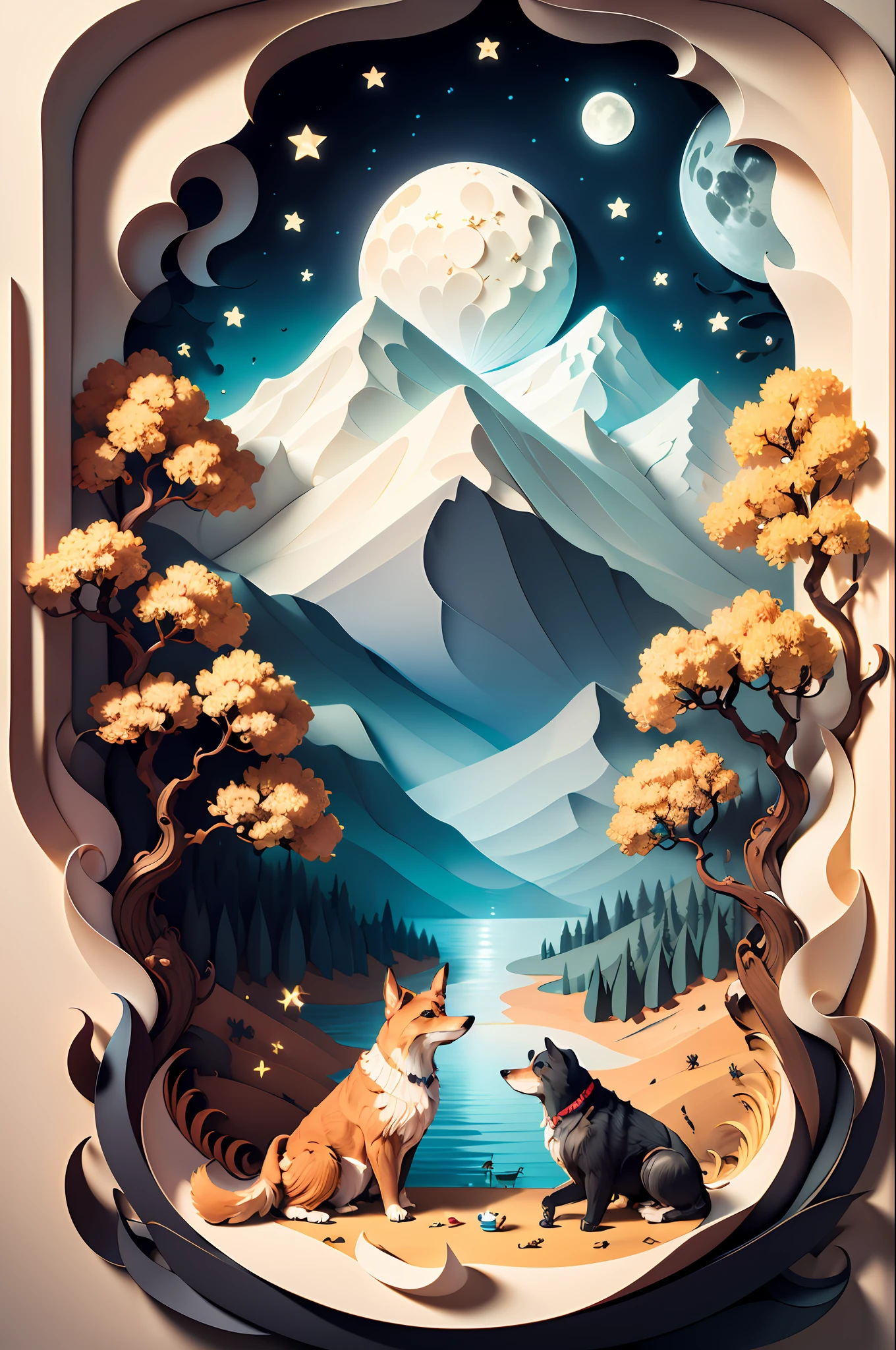 (((masterpiece))),bestquality,illustration,beautifuldetailedglow,
paper_cut, dog, tree,moon,