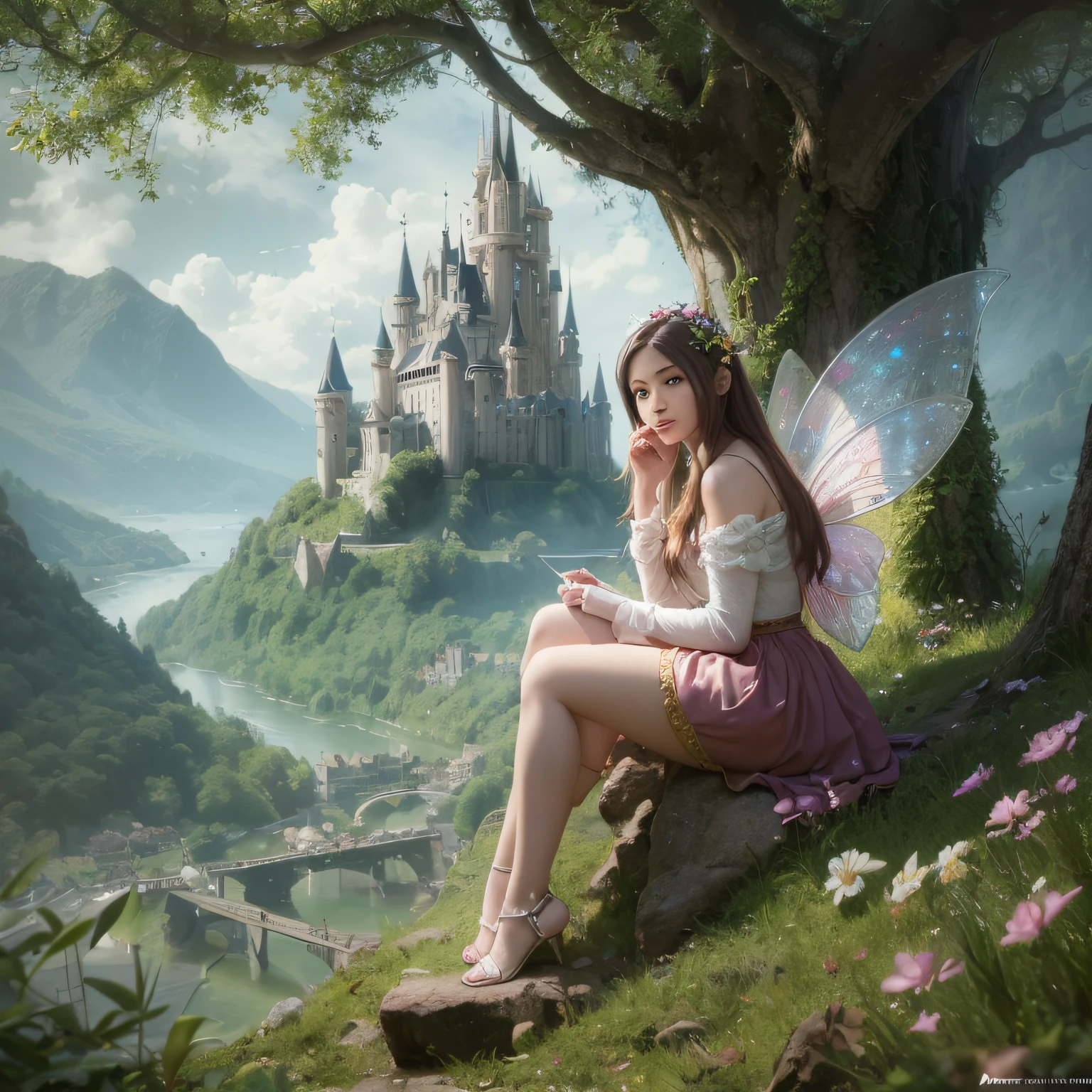 Close-up of a pretty fairy sitting on a tocon in a subrealistic landscape of a fairy tale. Digital painting, artstation, concept art, soft focus, sharp, illustration.