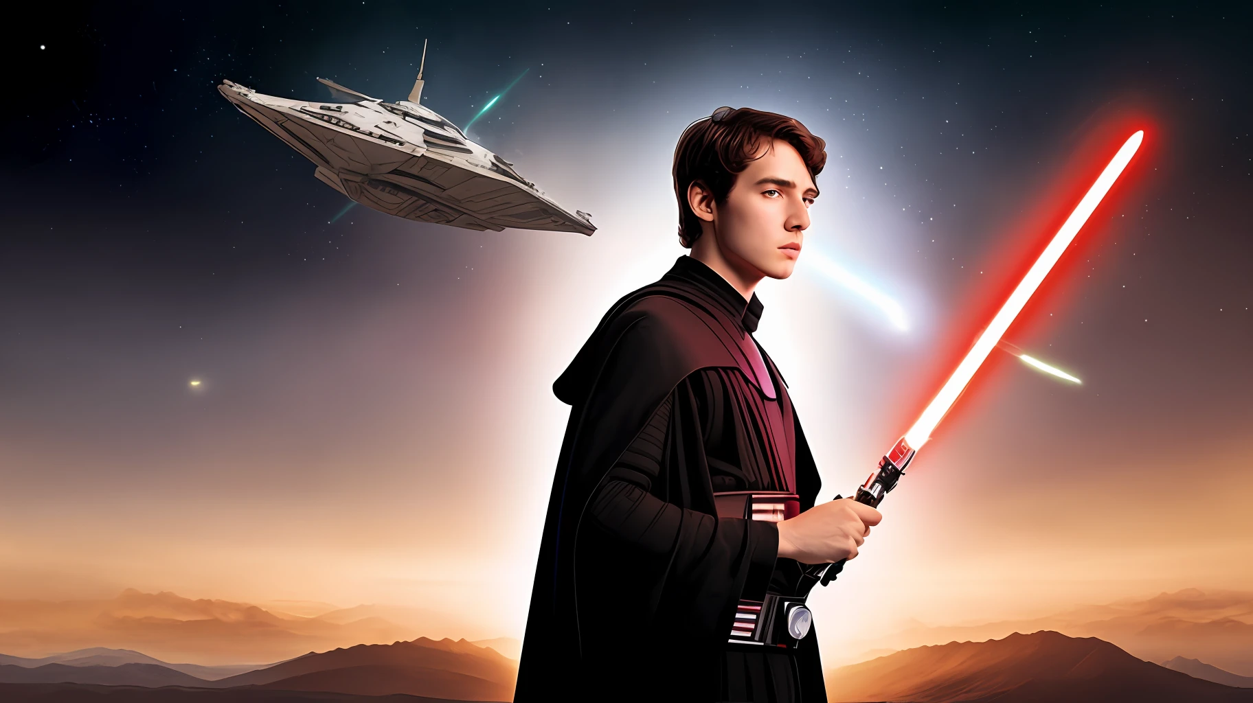 1 18-year-old young man Star Wars style on a futuristic epic background, short dark small hair, wearing black jedi clothing, 1:1 profile photo, symmetrical 5-finger hands