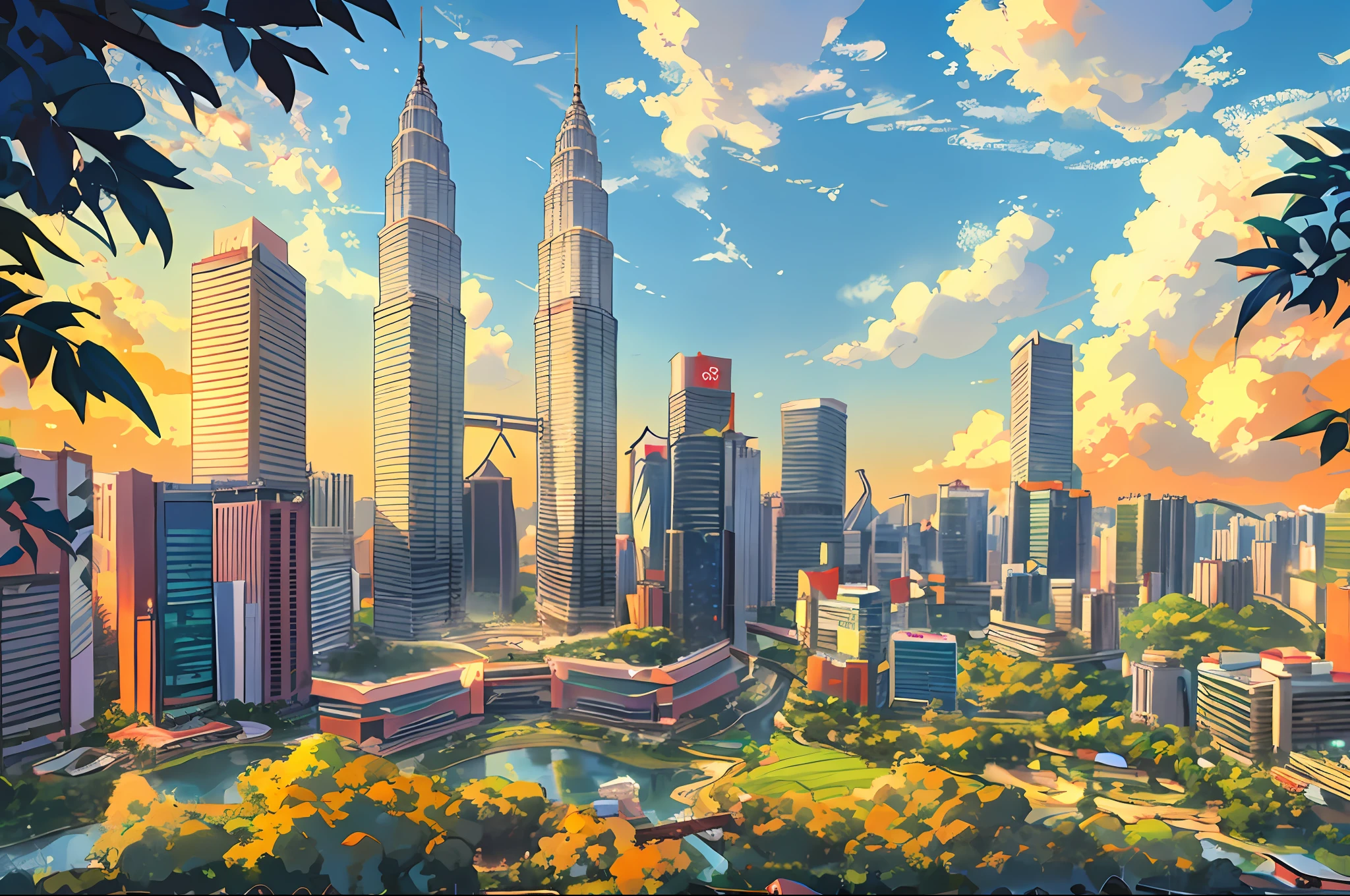 arafed view of a city with a river and a bridge, kuala lumpur, malaysian, malaysia with a paddy field, beautiful cityscape, shutterstock, beautiful city of the future, malaysia jungle, outdoors tropical cityscape, beautiful city, by Bernardino Mei, best on adobe stock, vibrant and vivid, tall buildings in background, twin towers, travel, beautiful high resolution