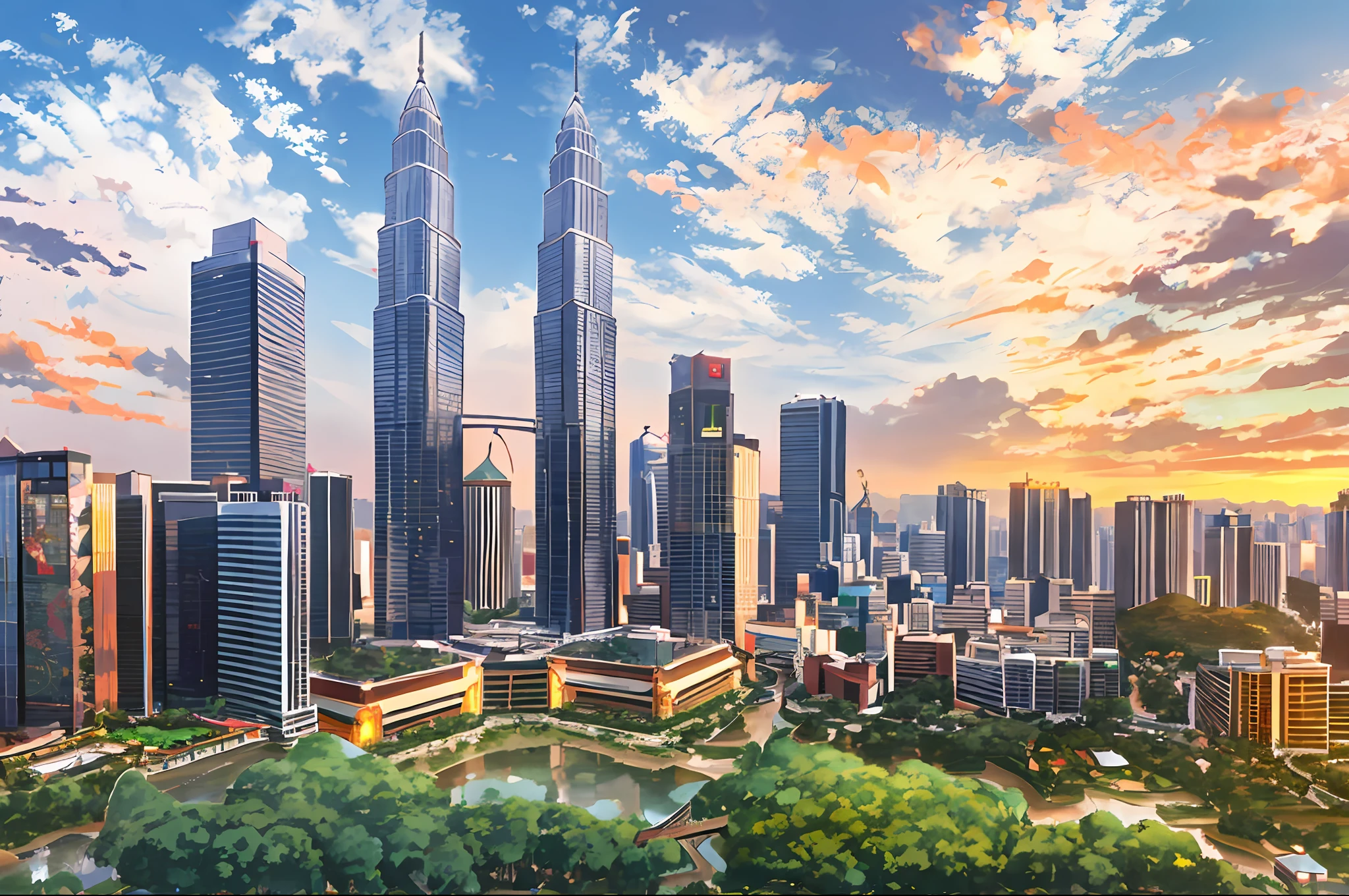 arafed view of a city with a river and a bridge, kuala lumpur, malaysian, malaysia with a paddy field, beautiful cityscape, shutterstock, beautiful city of the future, malaysia jungle, outdoors tropical cityscape, beautiful city, by Bernardino Mei, best on adobe stock, vibrant and vivid, tall buildings in background, twin towers, travel, beautiful high resolution