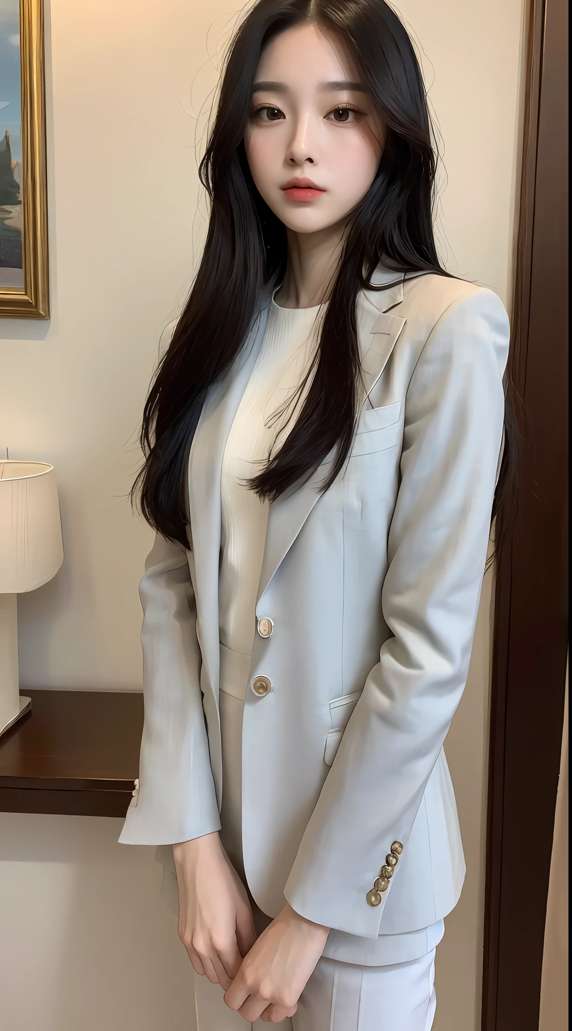 ((Top Quality, 8K, Masterpiece: 1.3)), 1 Girl, Slim, Super Slender Face, Delicate Eyes, Double Eyelids, Suit Style, Black Hair Long