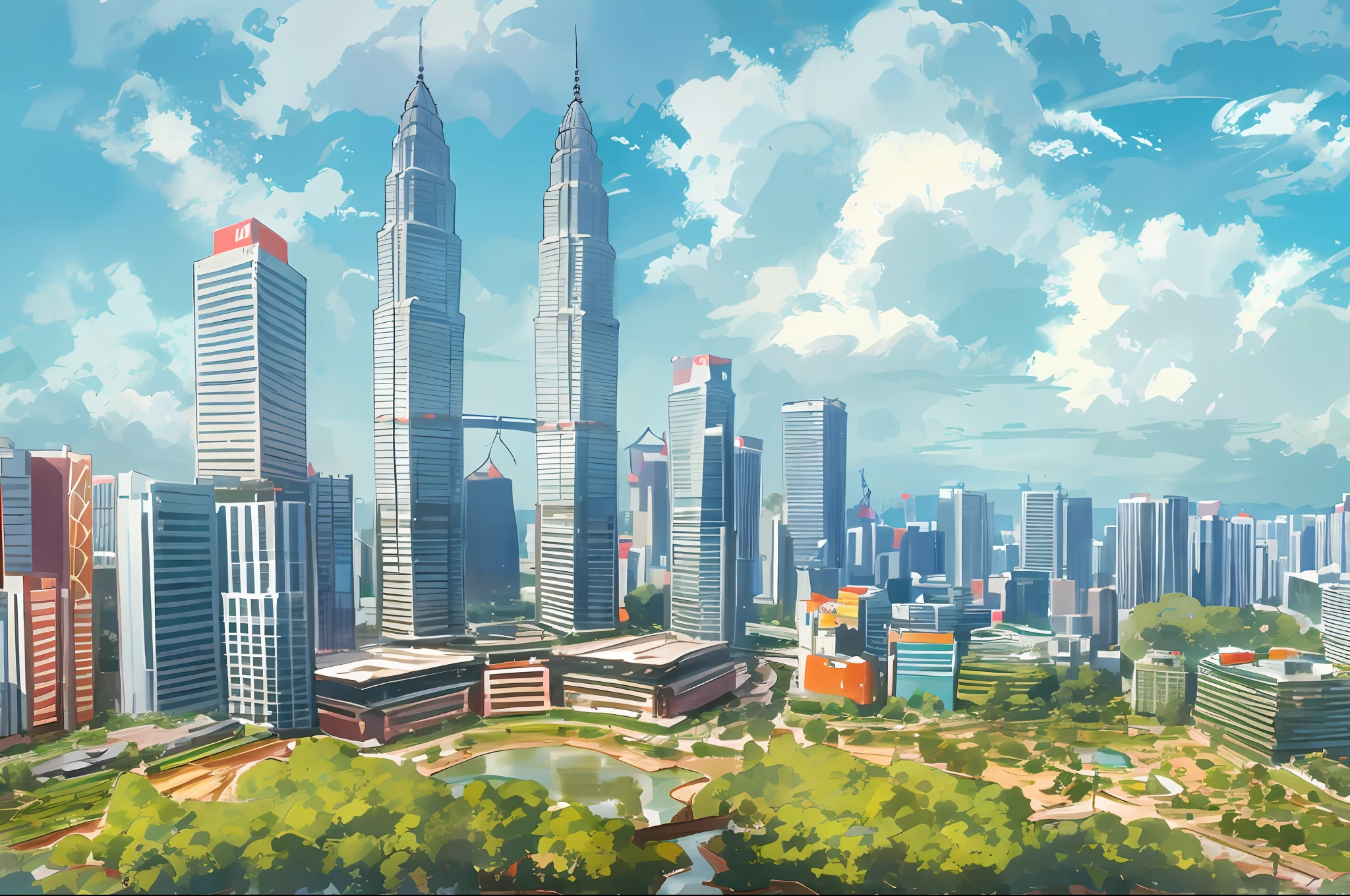 arafed view of a city with a river and a bridge, kuala lumpur, malaysian, malaysia with a paddy field, beautiful cityscape, shutterstock, beautiful city of the future, malaysia jungle, outdoors tropical cityscape, beautiful city, by Bernardino Mei, best on adobe stock, vibrant and vivid, tall buildings in background, twin towers, travel, beautiful high resolution