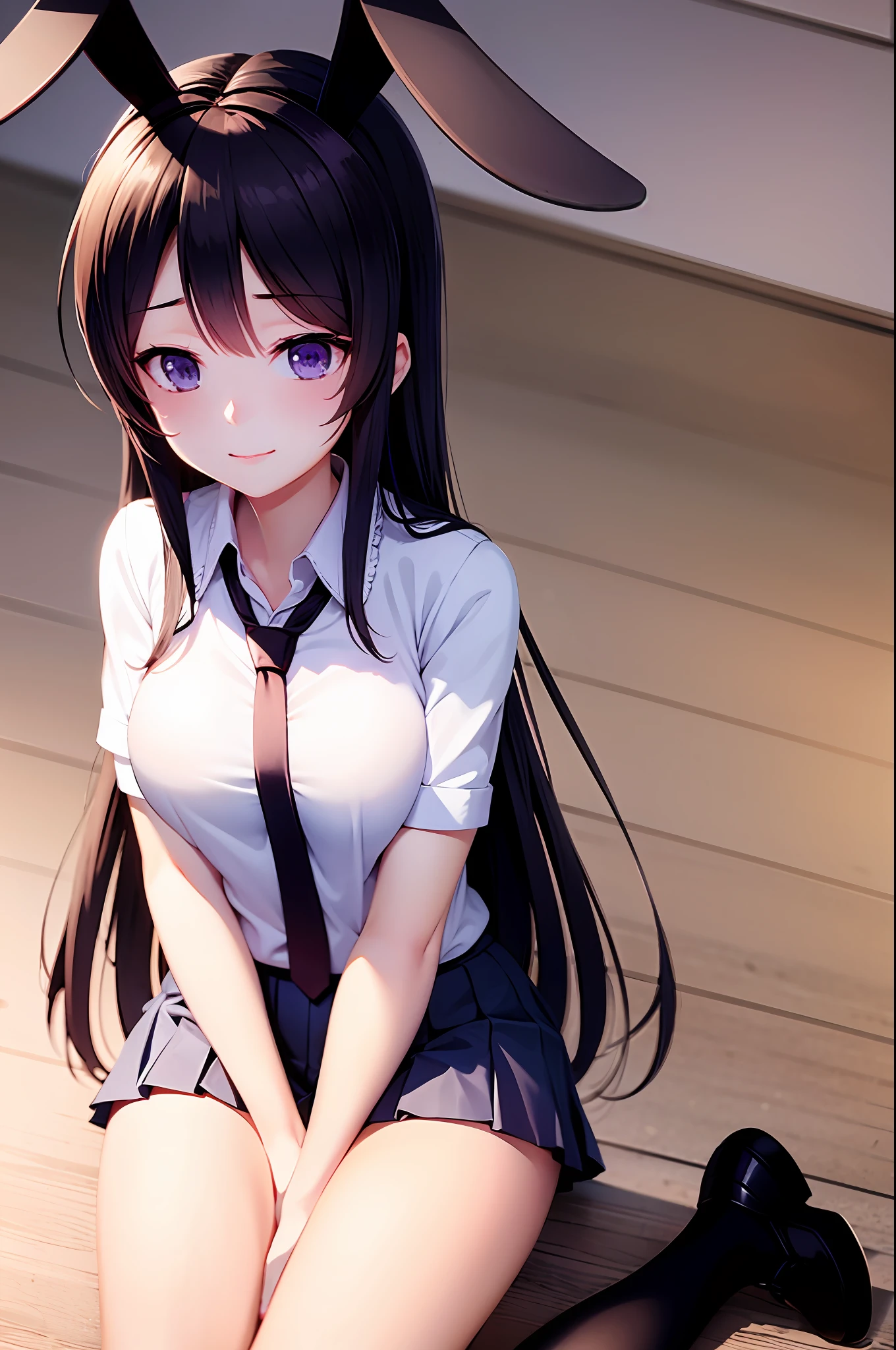 School uniform, white shirt, knee-length socks, pleated skirt, tie, rabbit ears, mayijan, faint smile, mid_breats, best quality